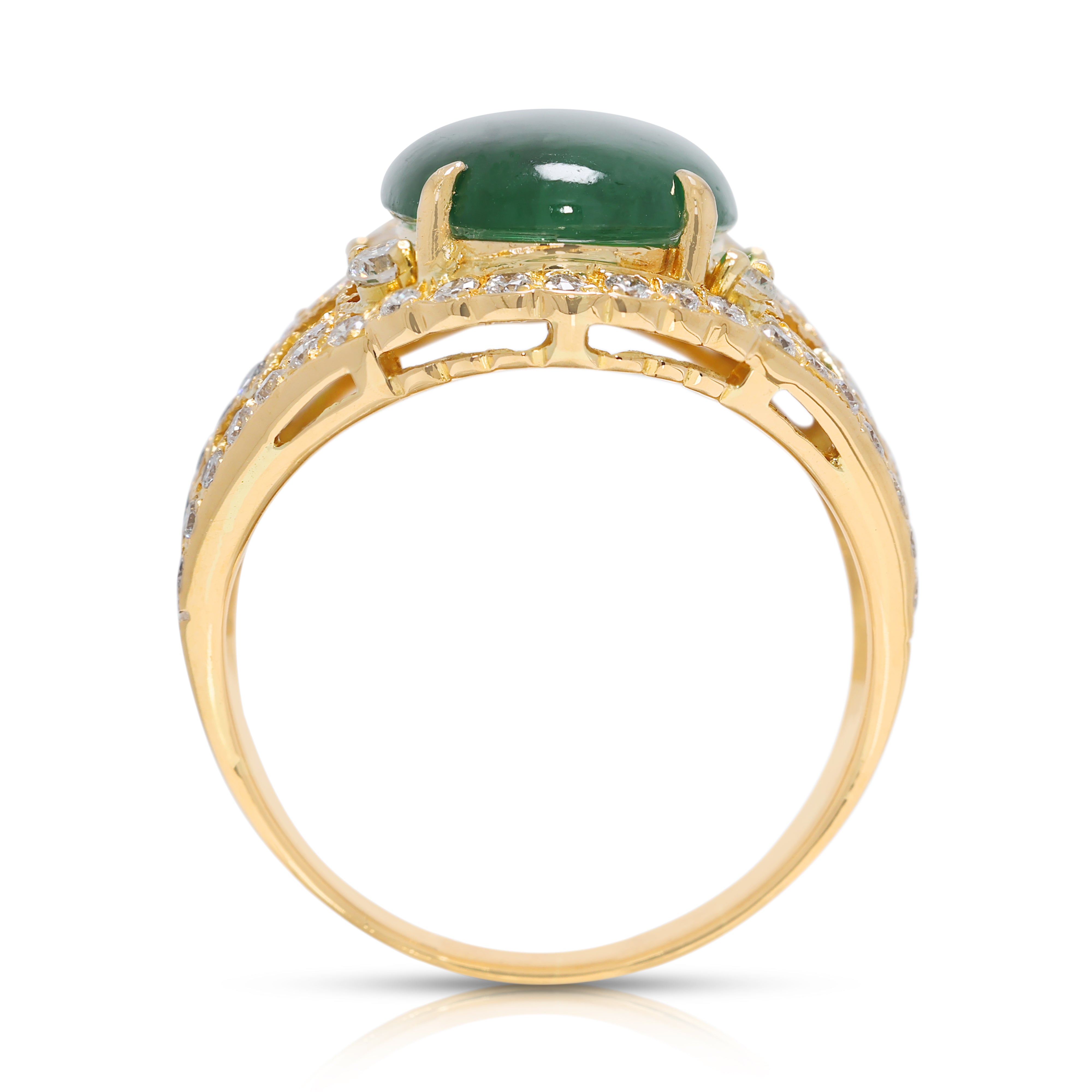 Exquisite 0.72ct Natural Diamond & Jadeite Cocktail Ring in 20K Yellow Gold - NGI Certified