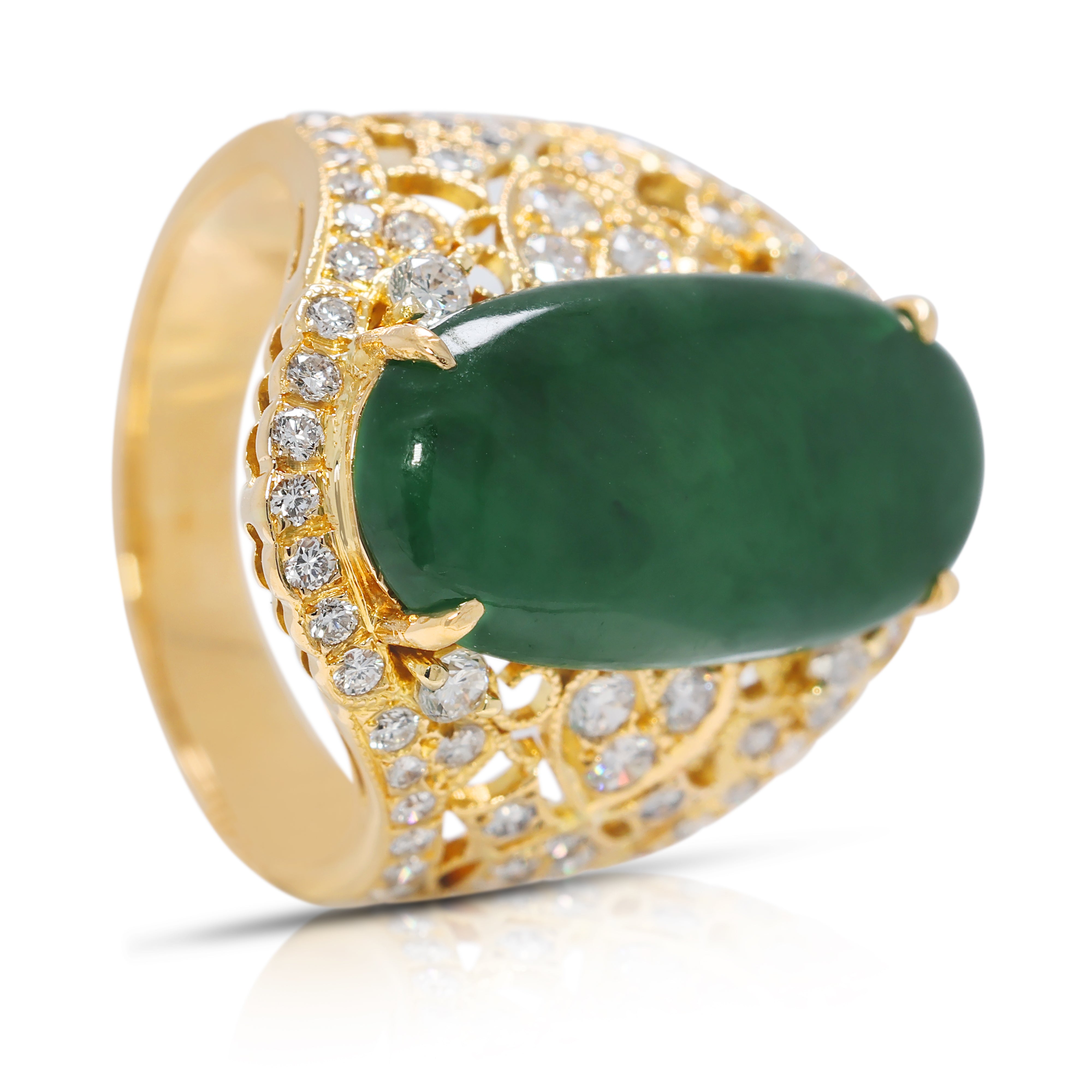 Exquisite 0.72ct Natural Diamond & Jadeite Cocktail Ring in 20K Yellow Gold - NGI Certified