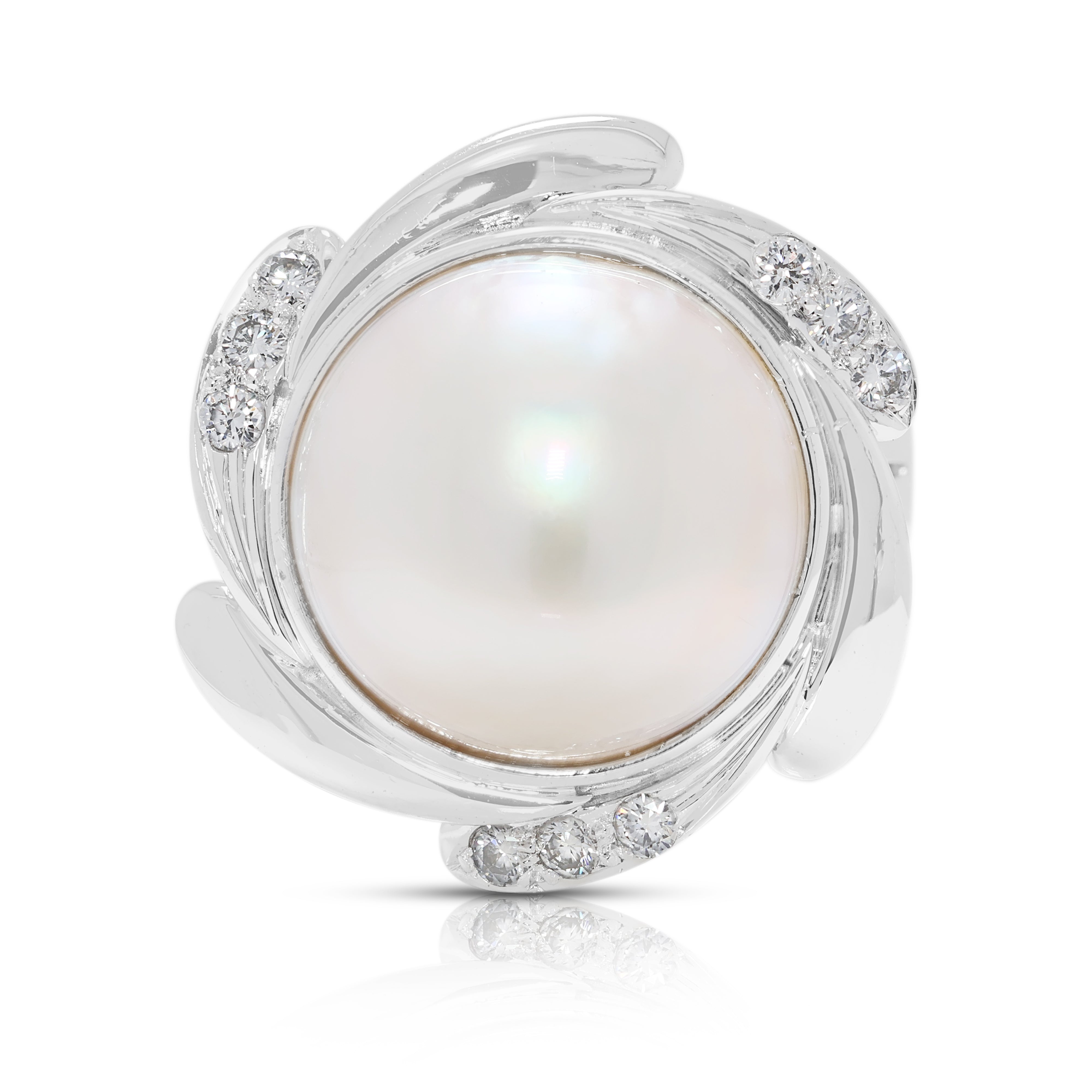 Sophisticated 13.4mm Mabe Pearl & 0.18ct Natural Diamond Swirl Ring in 18K White Gold (New)