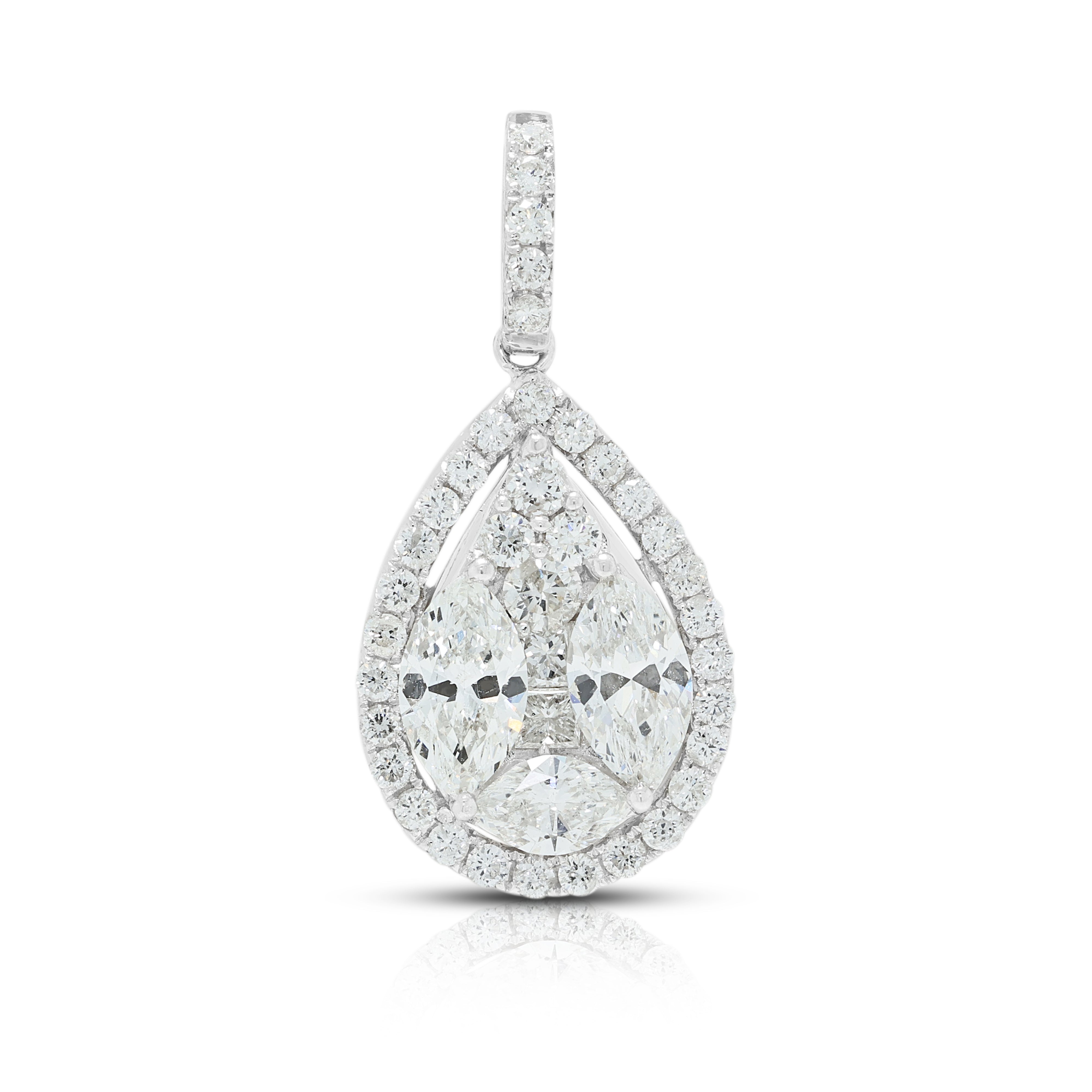 Breathtaking 1.41ct Natural Diamond Illusion Pear Cluster Halo Pendant in 18K White Gold
