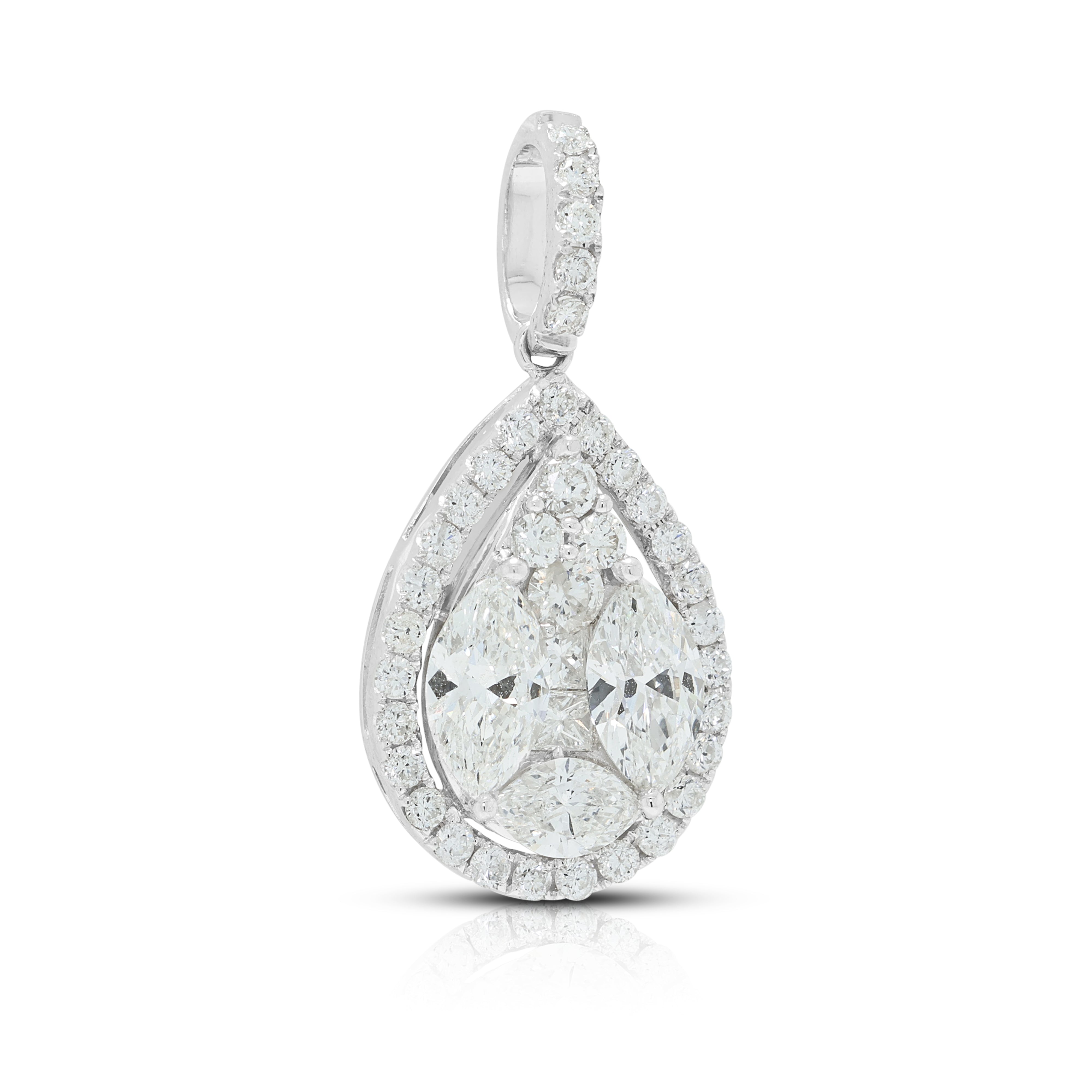 Breathtaking 1.41ct Natural Diamond Illusion Pear Cluster Halo Pendant in 18K White Gold