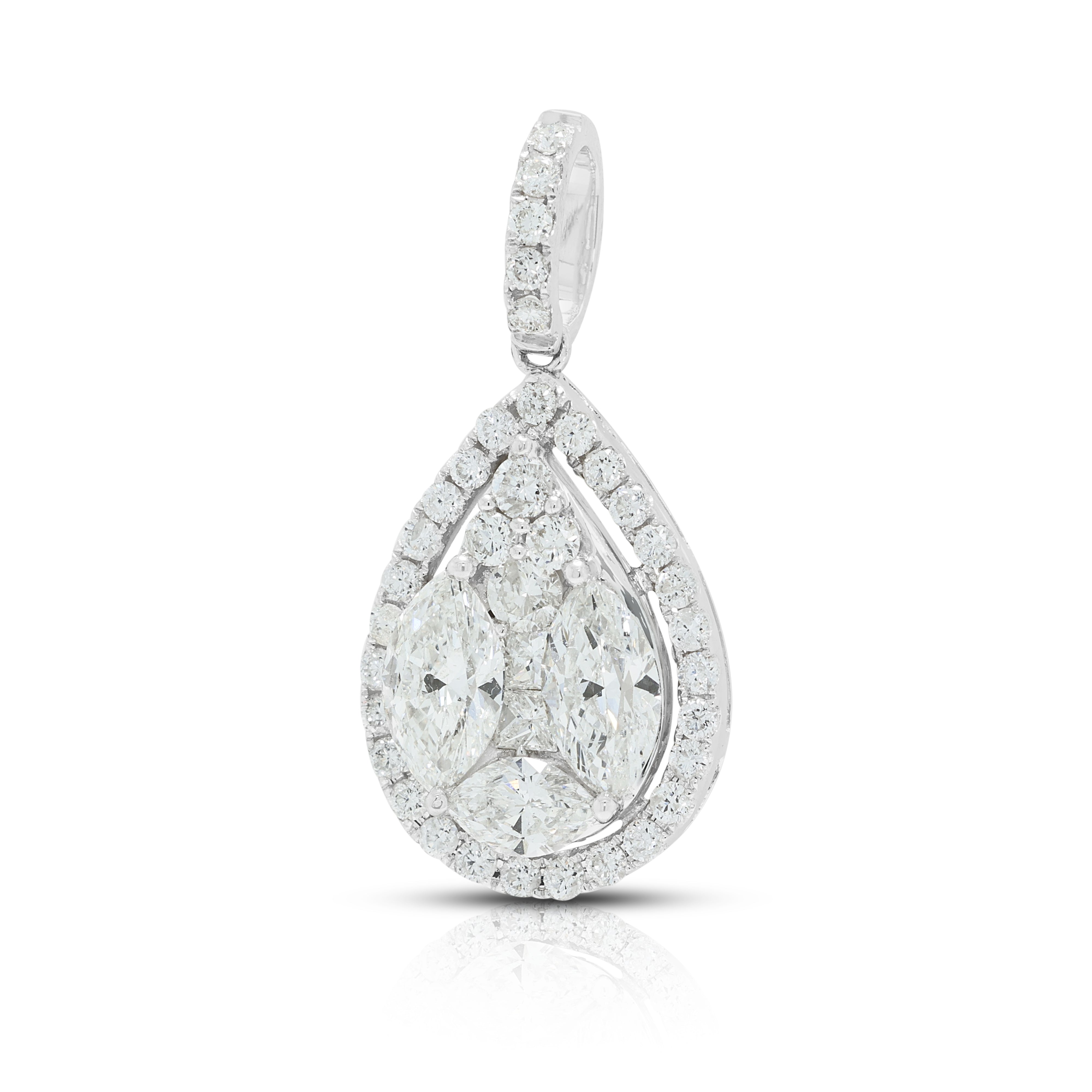 Breathtaking 1.41ct Natural Diamond Illusion Pear Cluster Halo Pendant in 18K White Gold