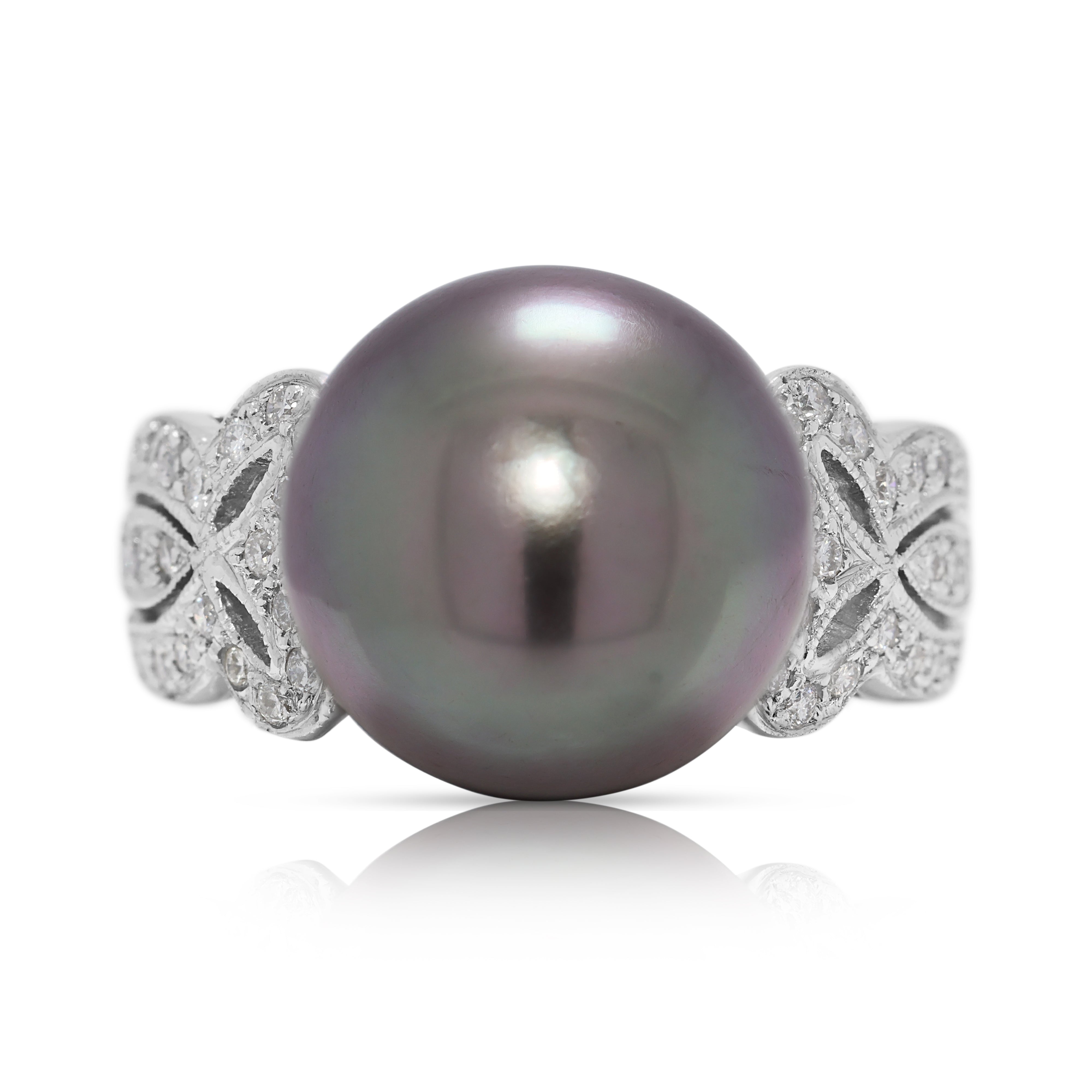Elegant 0.21ct Natural Diamond & Greyish Black Pearl in 18K White Gold Ring