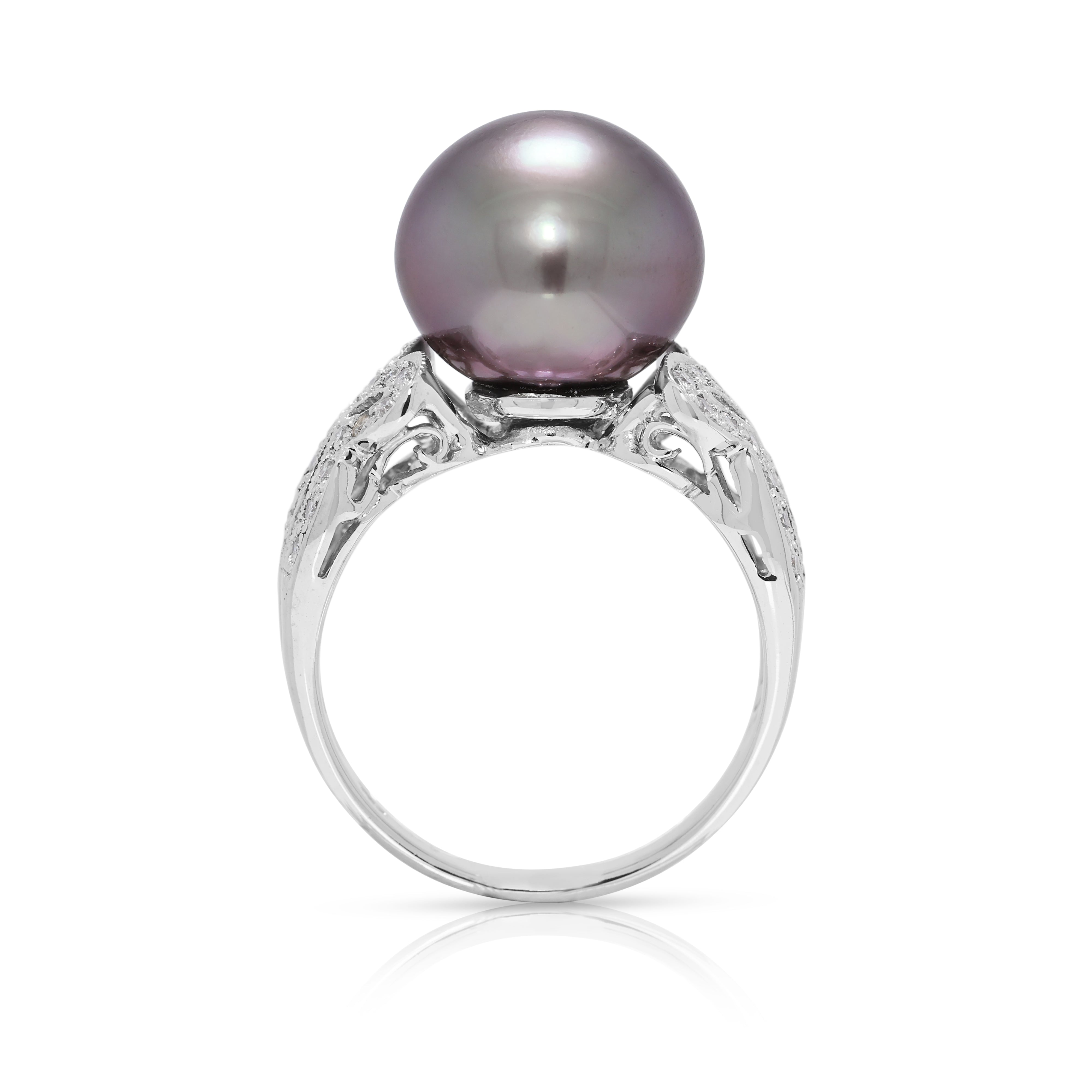 Elegant 0.21ct Natural Diamond & Greyish Black Pearl in 18K White Gold Ring