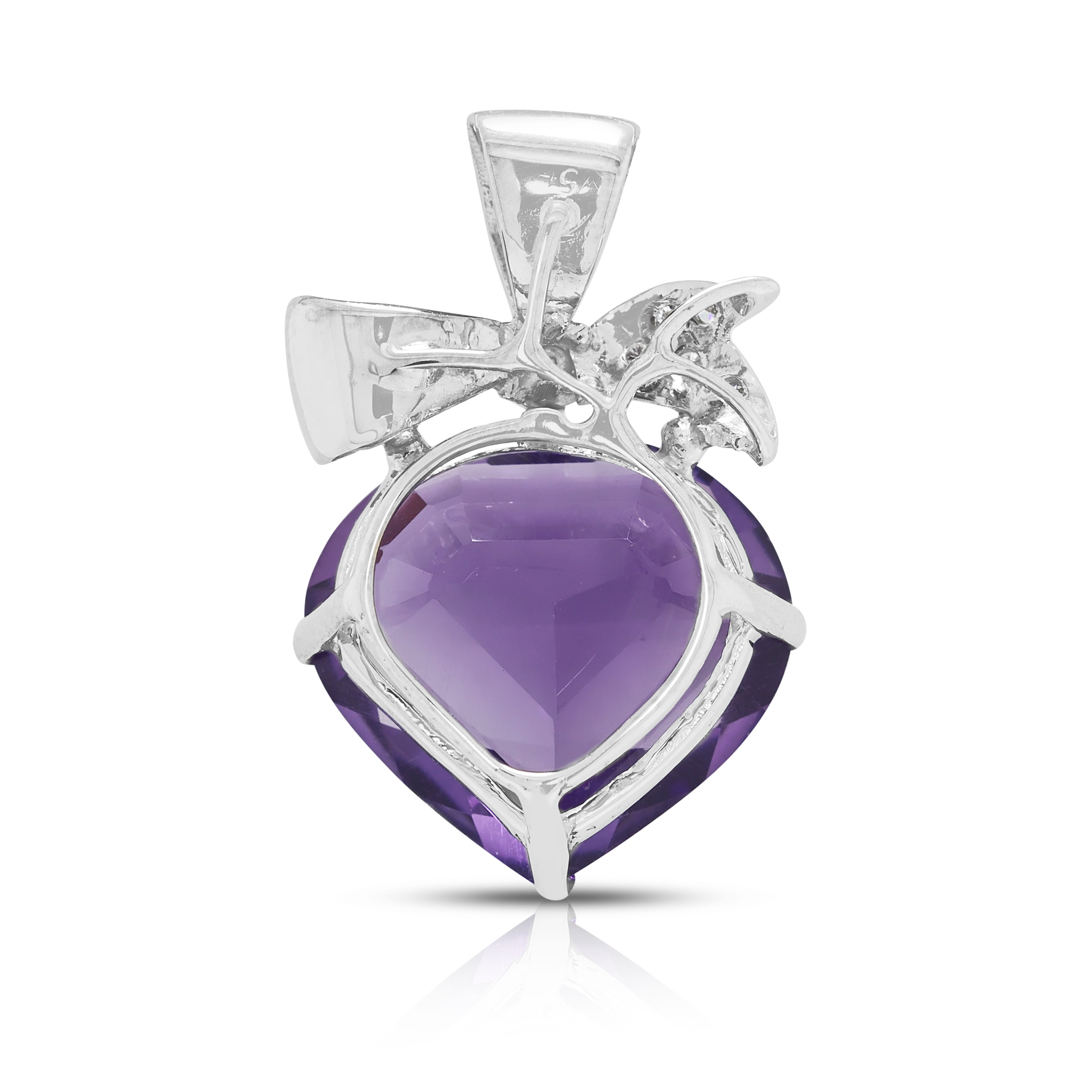 Romantic 9.50ct Amethyst and 0.11ct Natural Diamond Ribbon Bow Drop Pendant in 18K White Gold