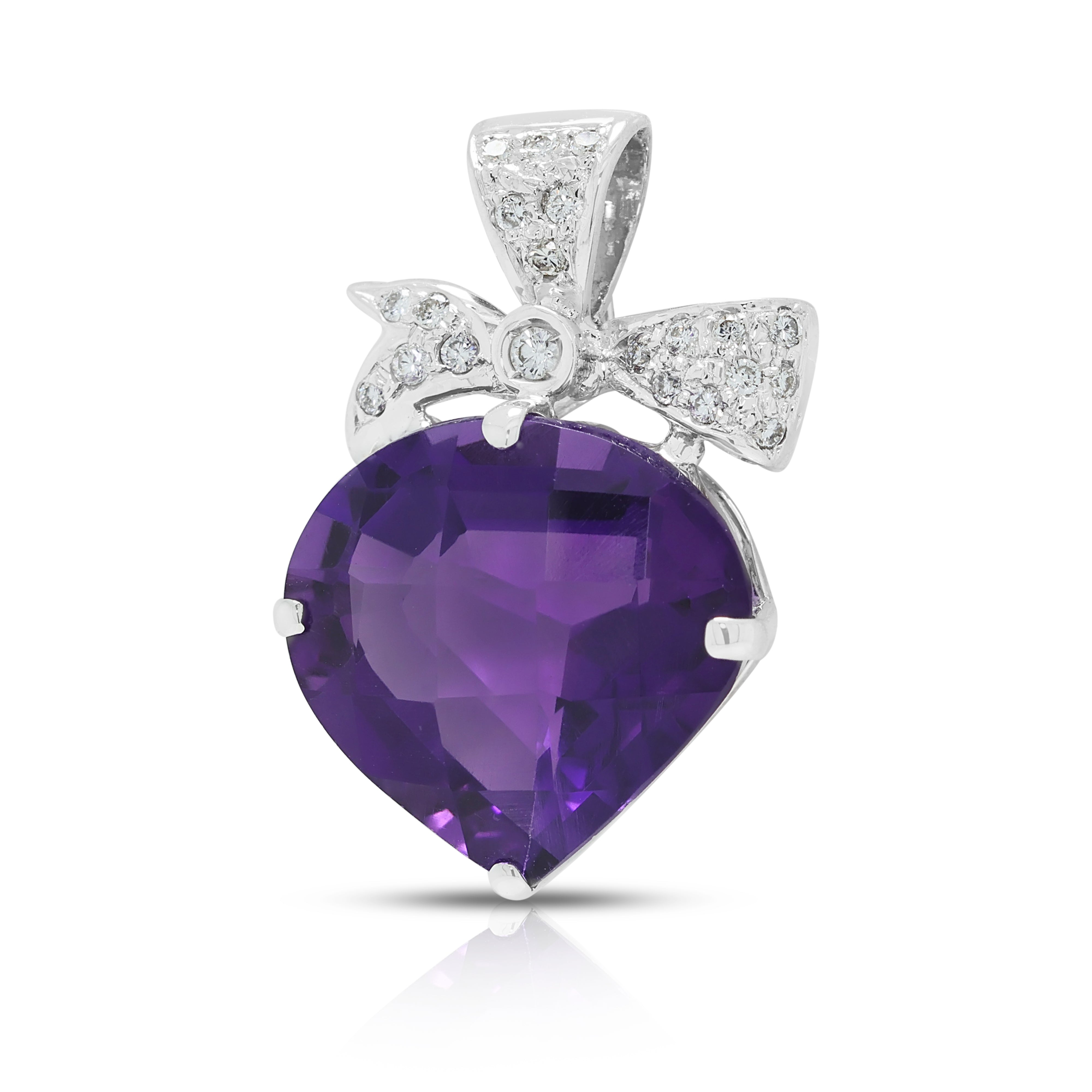 Romantic 9.50ct Amethyst and 0.11ct Natural Diamond Ribbon Bow Drop Pendant in 18K White Gold