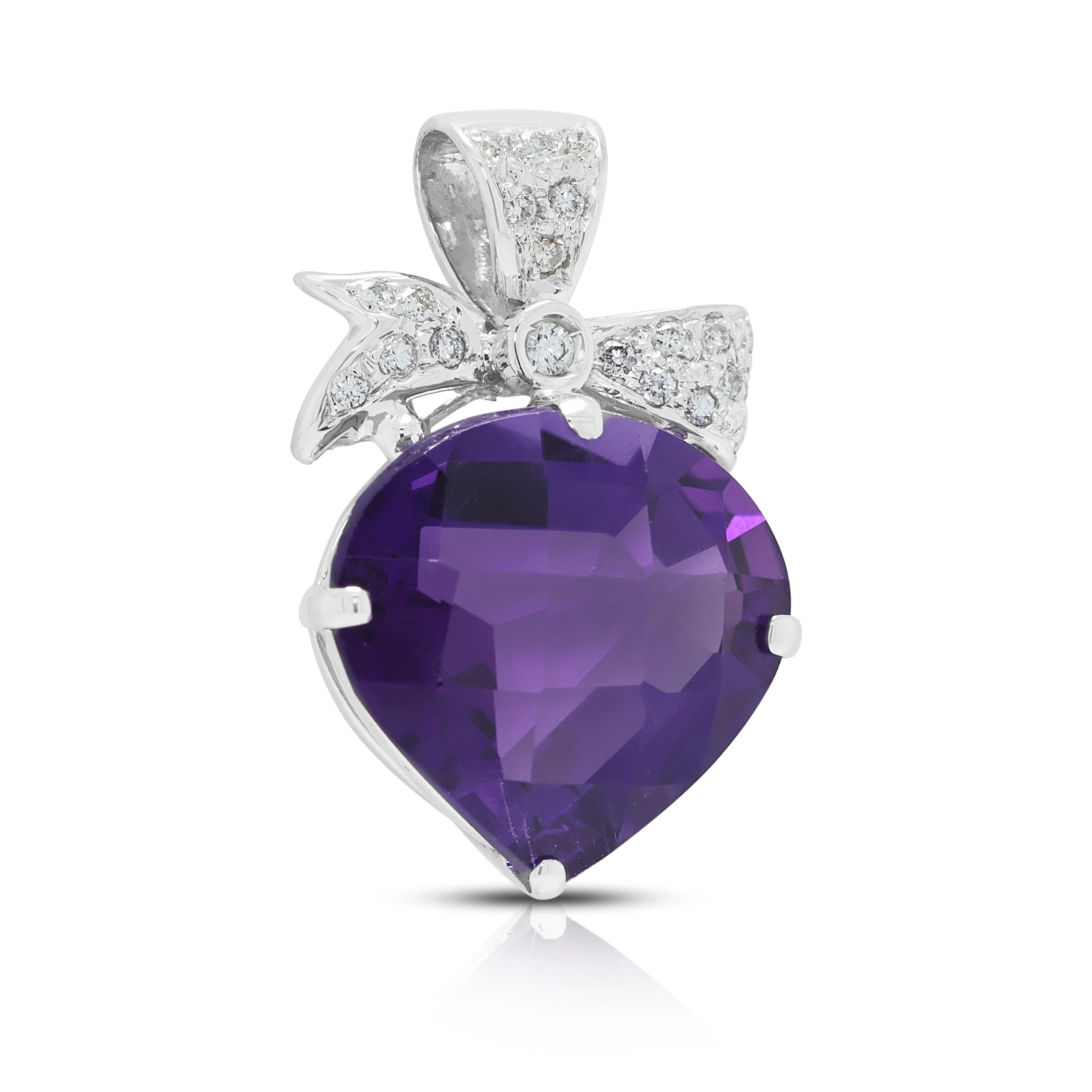 Romantic 9.50ct Amethyst and 0.11ct Natural Diamond Ribbon Bow Drop Pendant in 18K White Gold