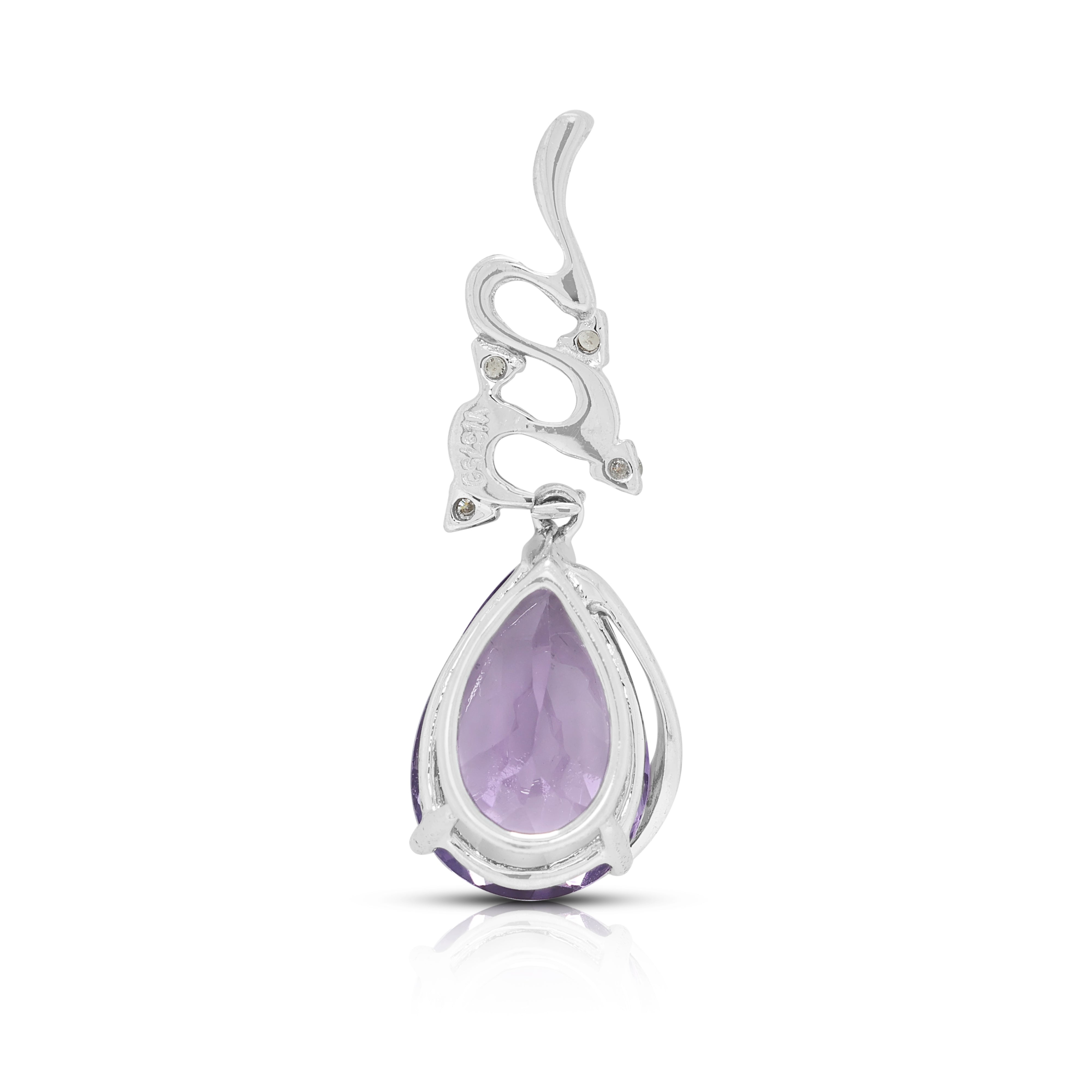 Elegant 2.20ct Amethyst and 0.07ct Natural Diamond Ribbon Scroll Drop Pendant in 18K White Gold