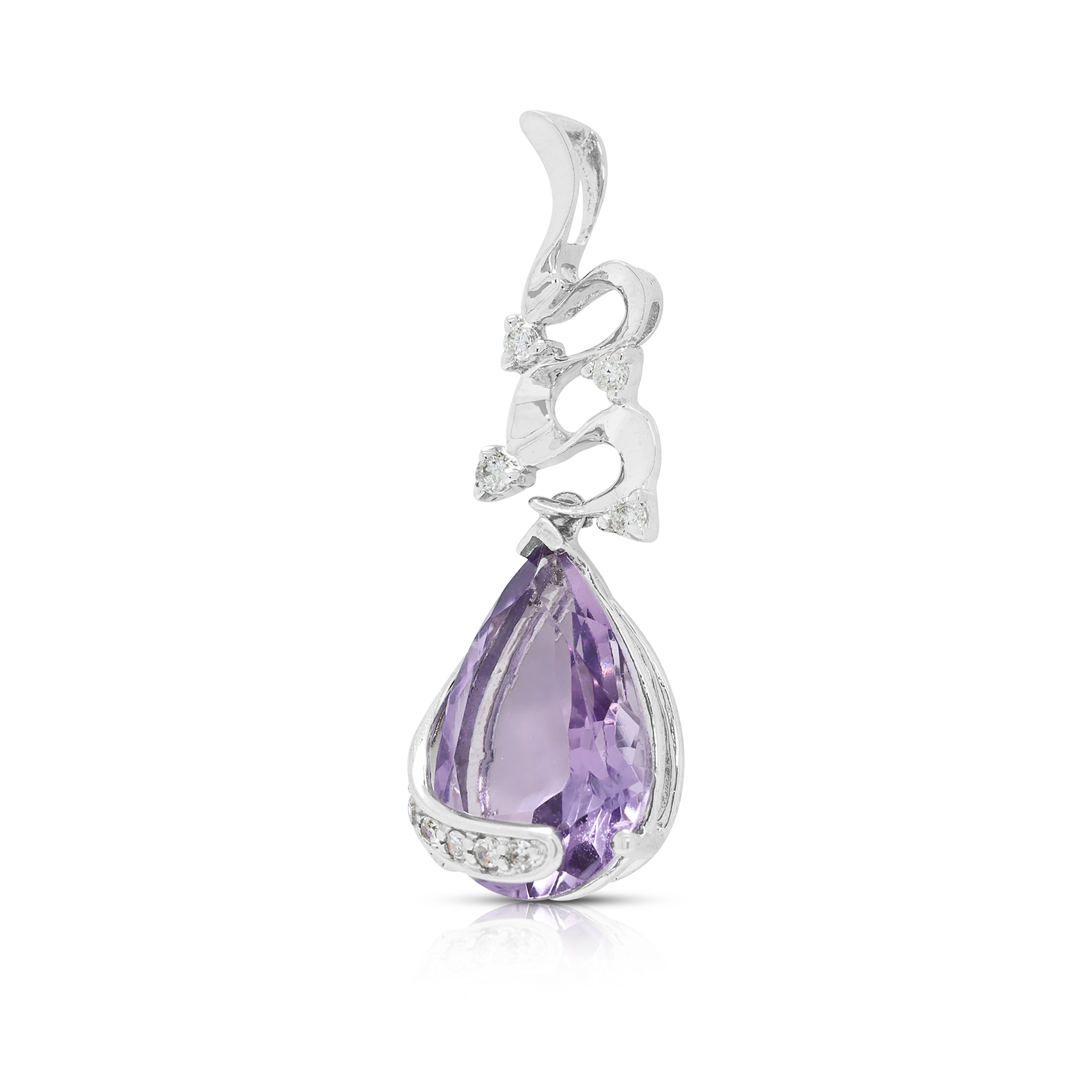 Elegant 2.20ct Amethyst and 0.07ct Natural Diamond Ribbon Scroll Drop Pendant in 18K White Gold