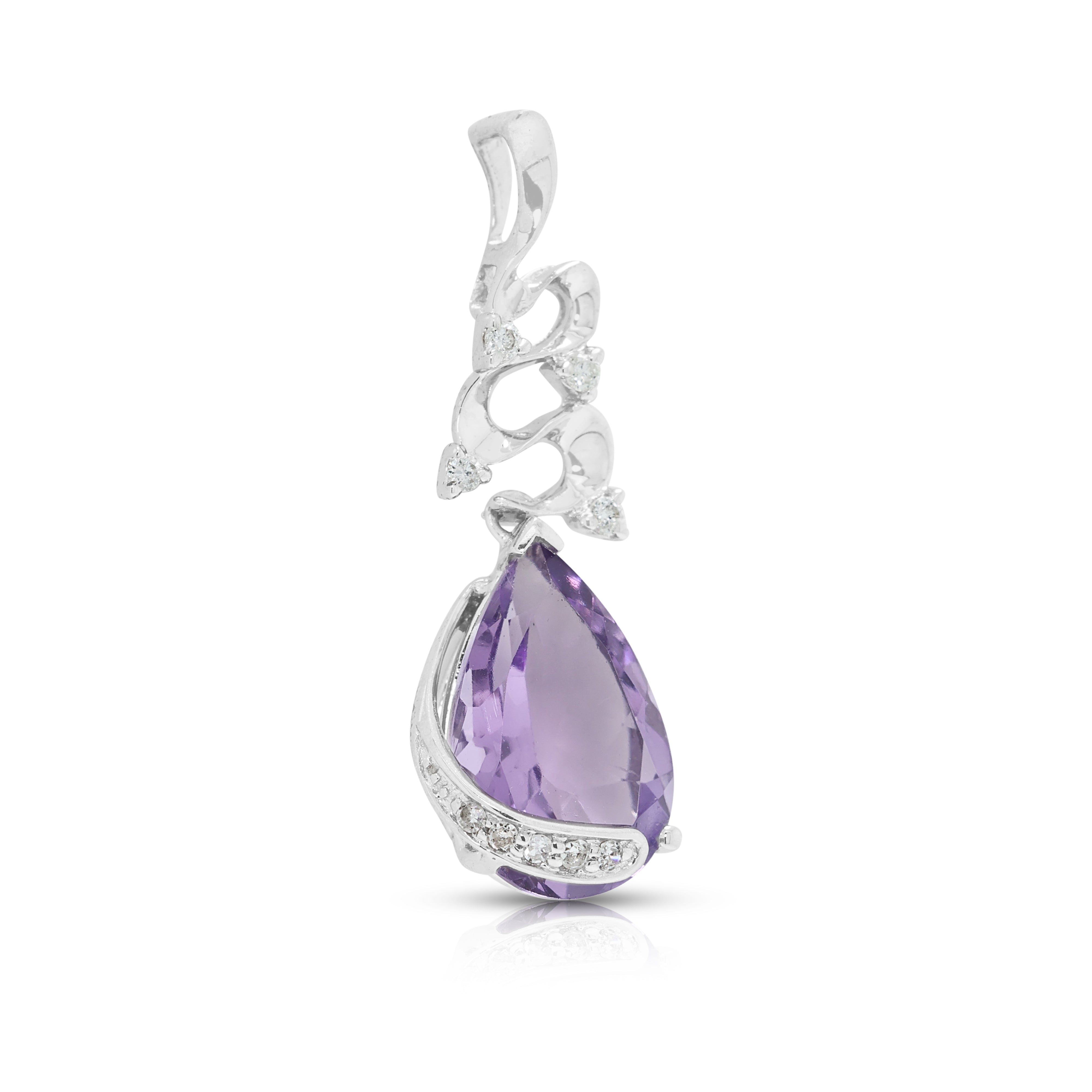 Elegant 2.20ct Amethyst and 0.07ct Natural Diamond Ribbon Scroll Drop Pendant in 18K White Gold