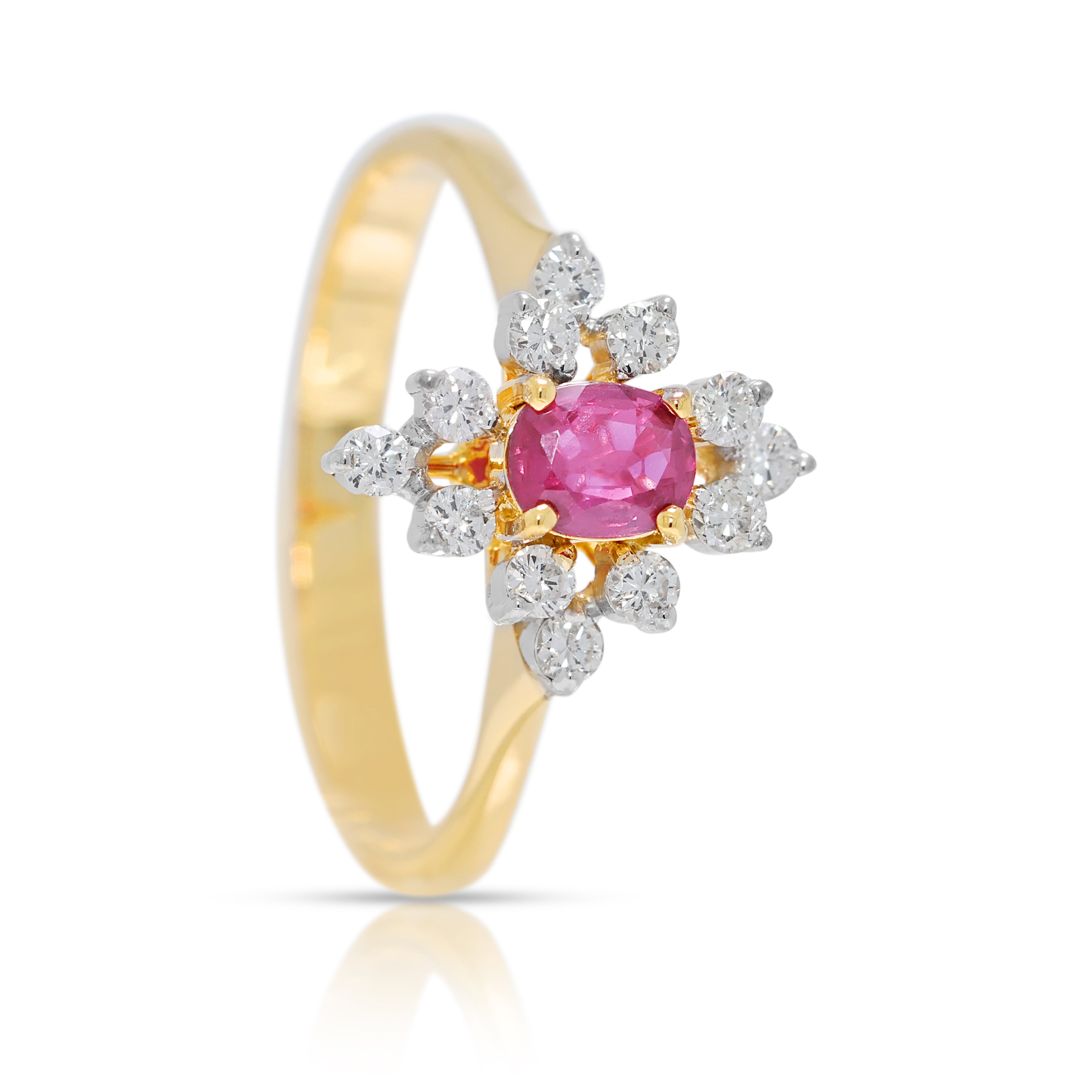 Dazzling 0.42ct Ruby & Diamond Floral Ring in 14K Yellow Gold (New)