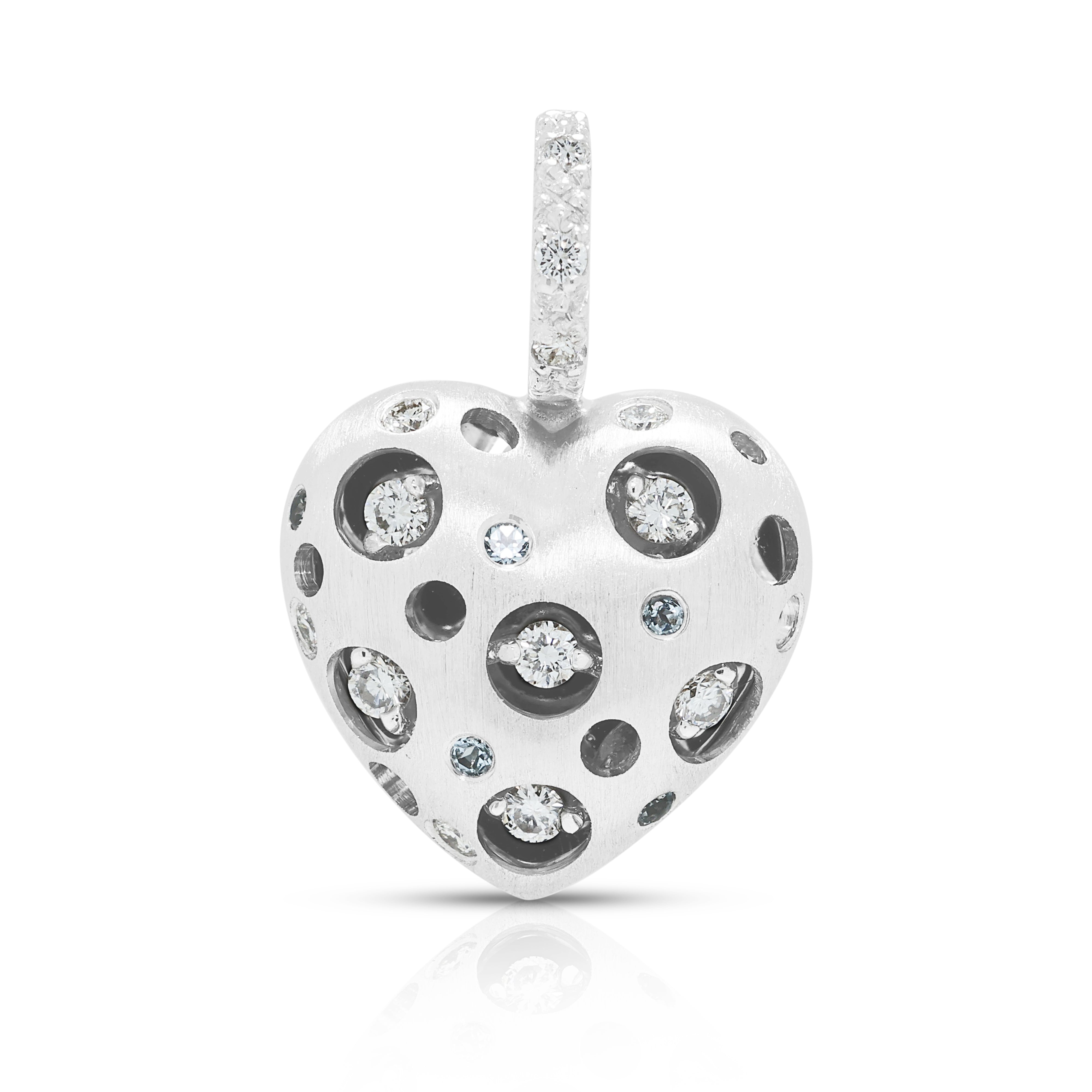 Sculptural 0.03ct Light Blue Spinel and 0.19ct Natural Diamond Satin-Finished Bubble Heart Pendant in 18K White Gold