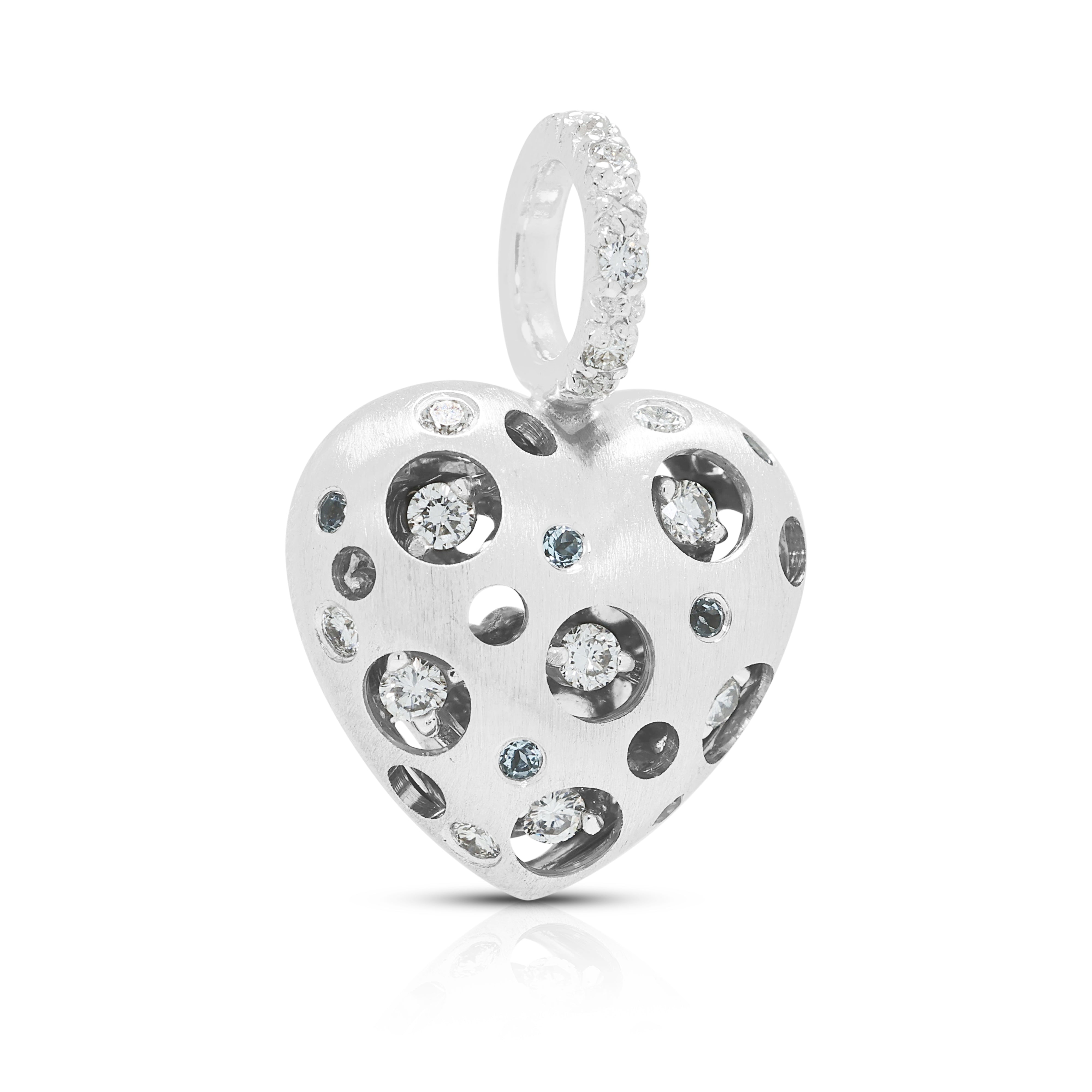 Sculptural 0.03ct Light Blue Spinel and 0.19ct Natural Diamond Satin-Finished Bubble Heart Pendant in 18K White Gold