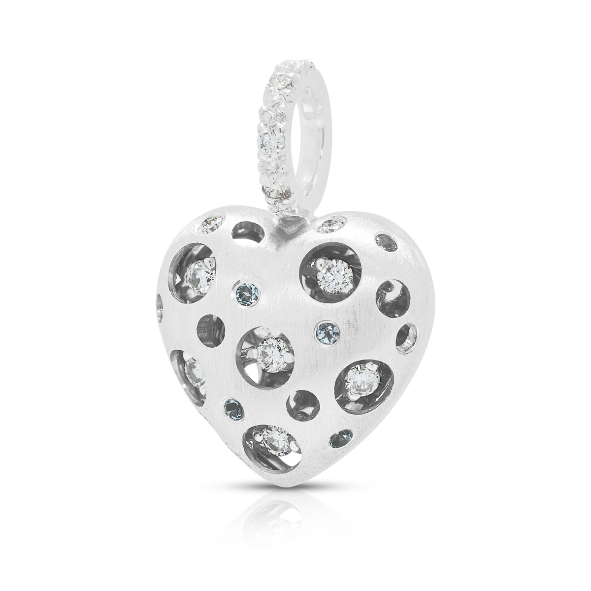 Sculptural 0.03ct Light Blue Spinel and 0.19ct Natural Diamond Satin-Finished Bubble Heart Pendant in 18K White Gold