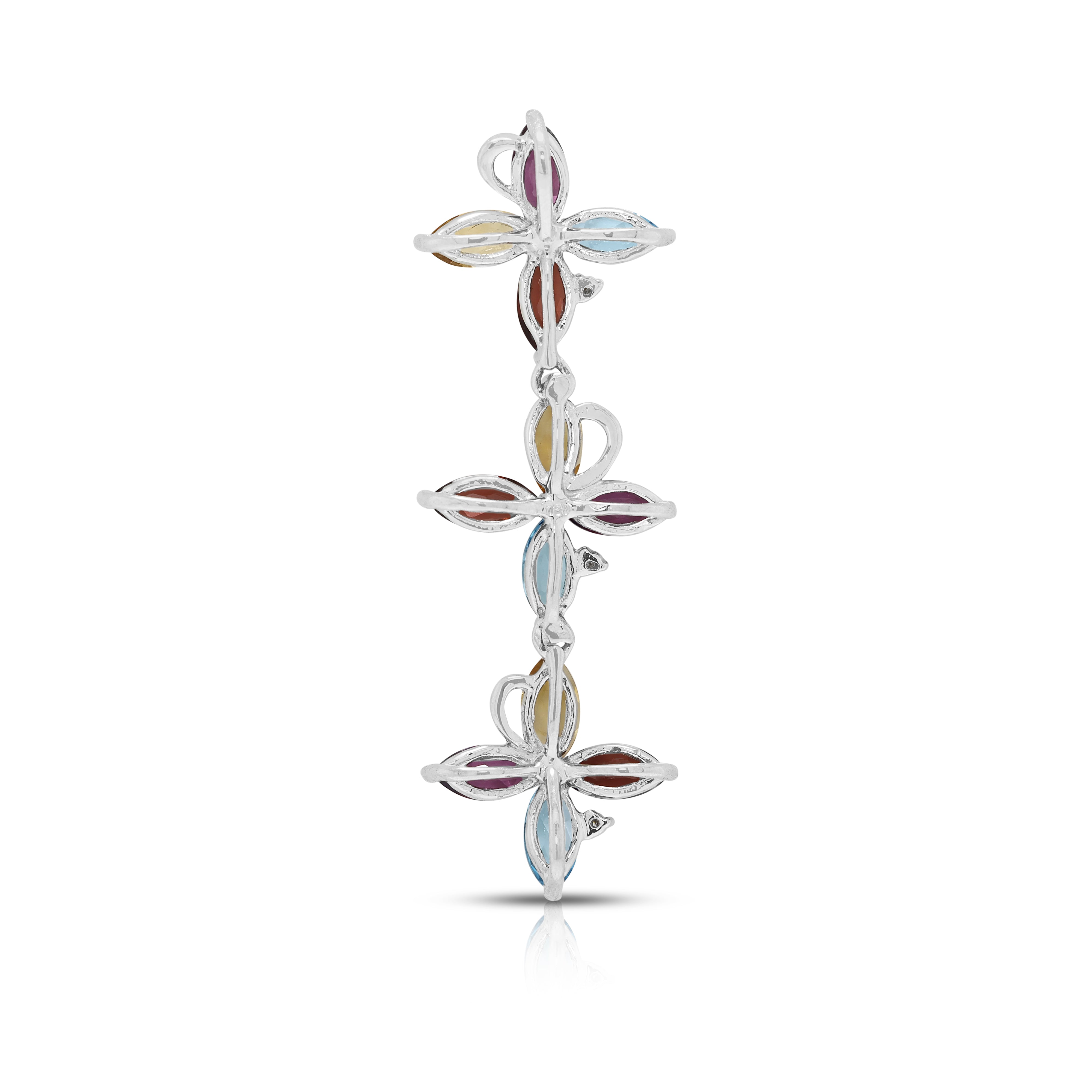Vibrant 0.60ct Garnet, 0.30ct Topaz, 0.30ct Citrine and 0.01ct Natural Diamond Articulated Floral Drop Pendant in 18K White Gold