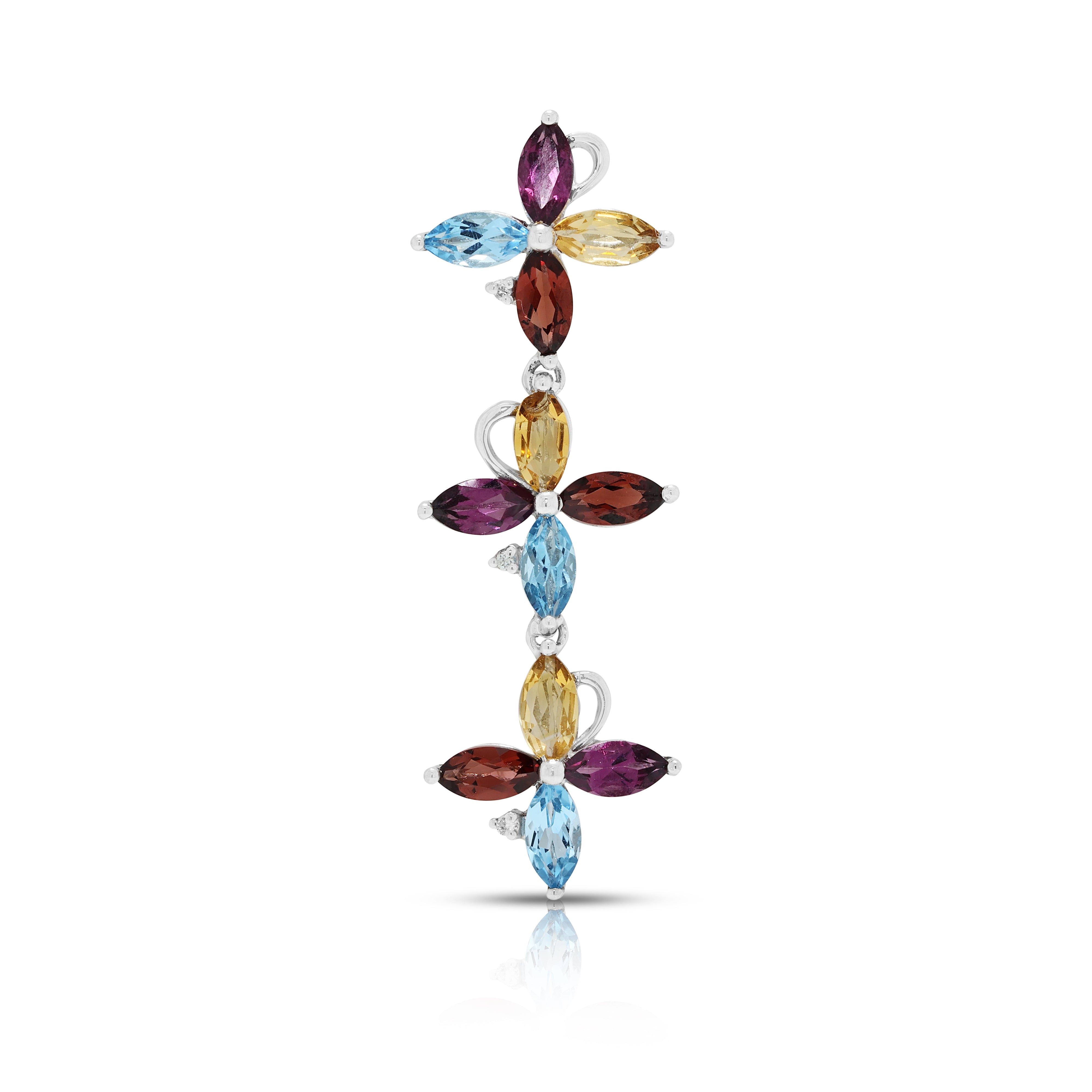 Vibrant 0.60ct Garnet, 0.30ct Topaz, 0.30ct Citrine and 0.01ct Natural Diamond Articulated Floral Drop Pendant in 18K White Gold