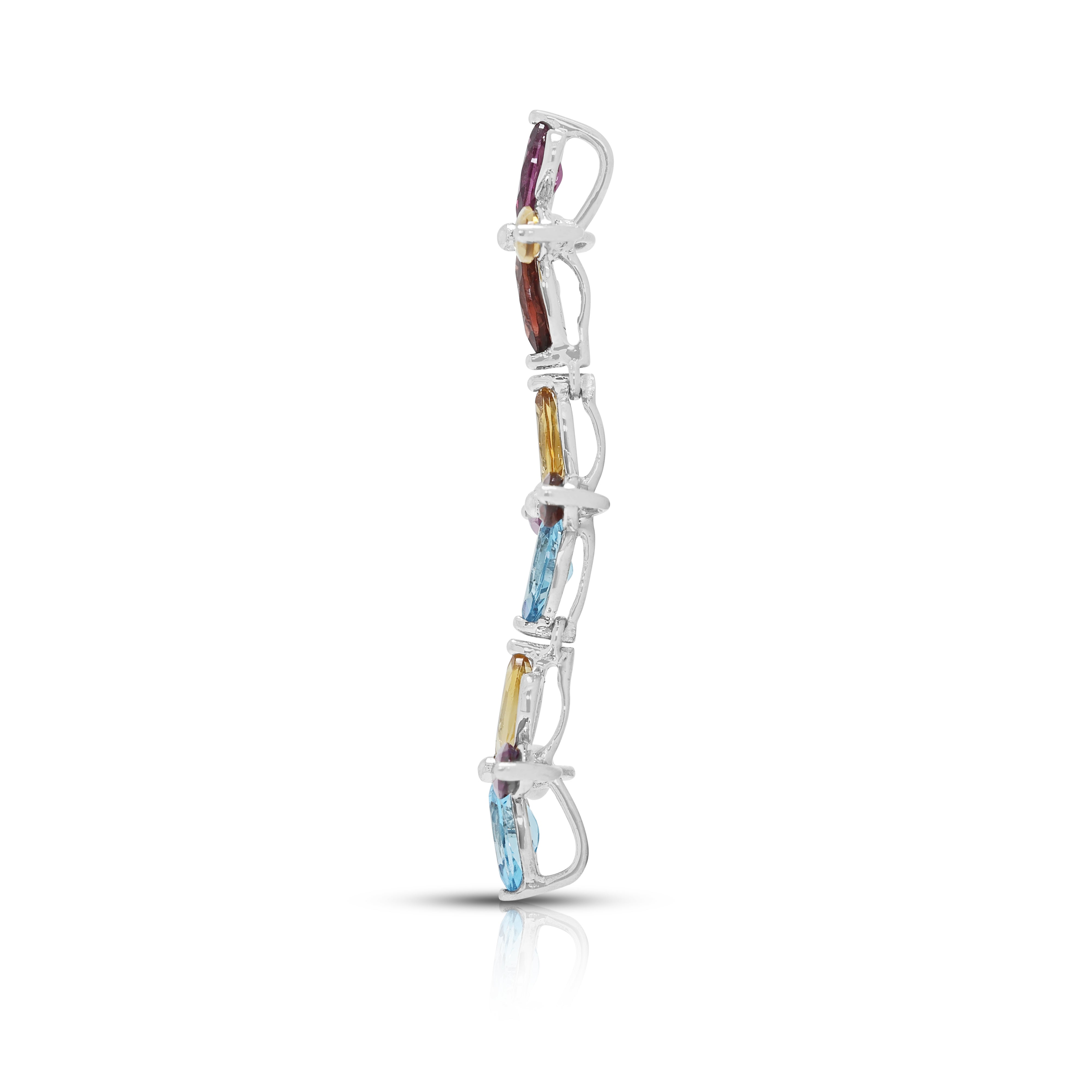 Vibrant 0.60ct Garnet, 0.30ct Topaz, 0.30ct Citrine and 0.01ct Natural Diamond Articulated Floral Drop Pendant in 18K White Gold
