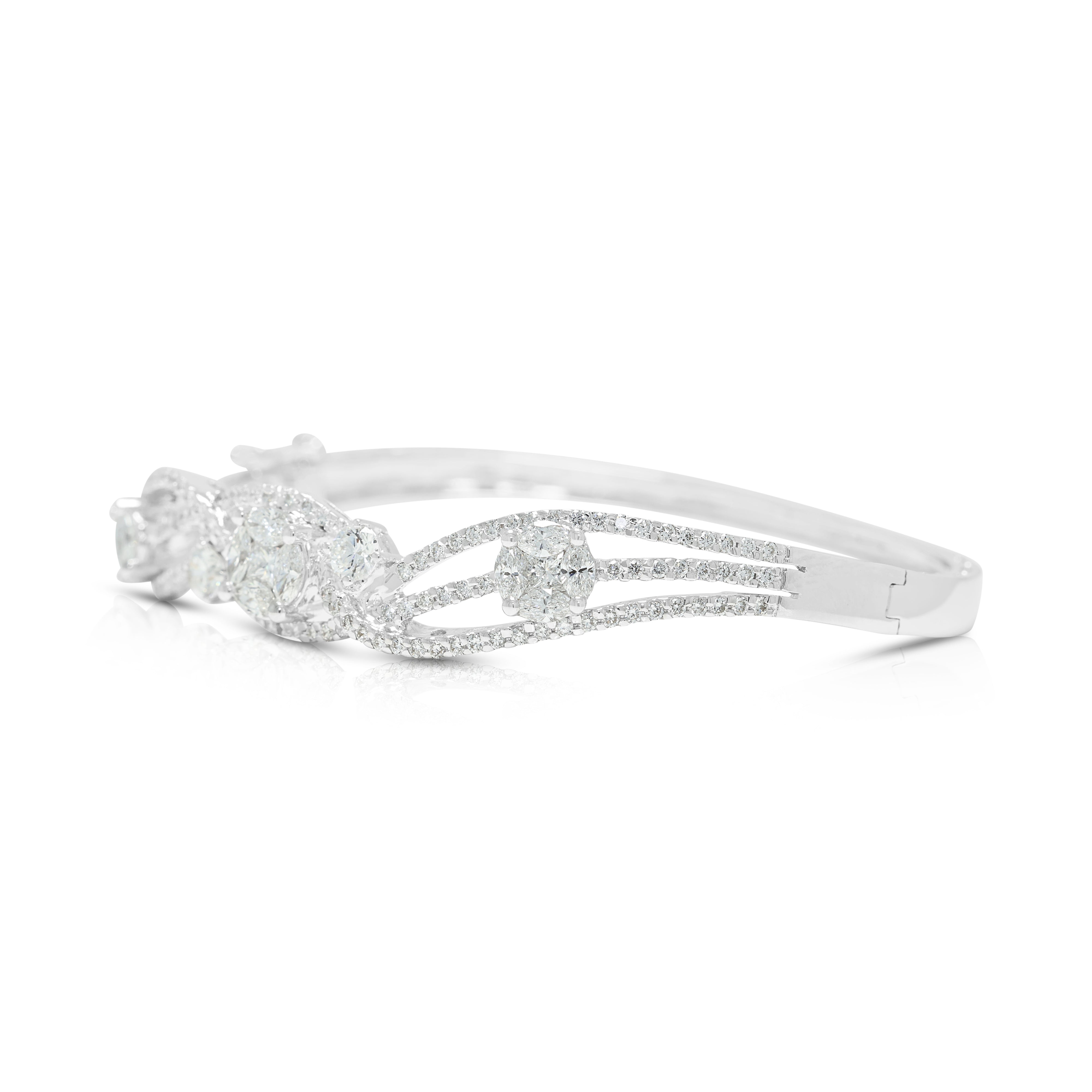 Stunning 2.98ct Natural Diamond Open-Work Cluster Bangle Bracelet in 18K White Gold (New)