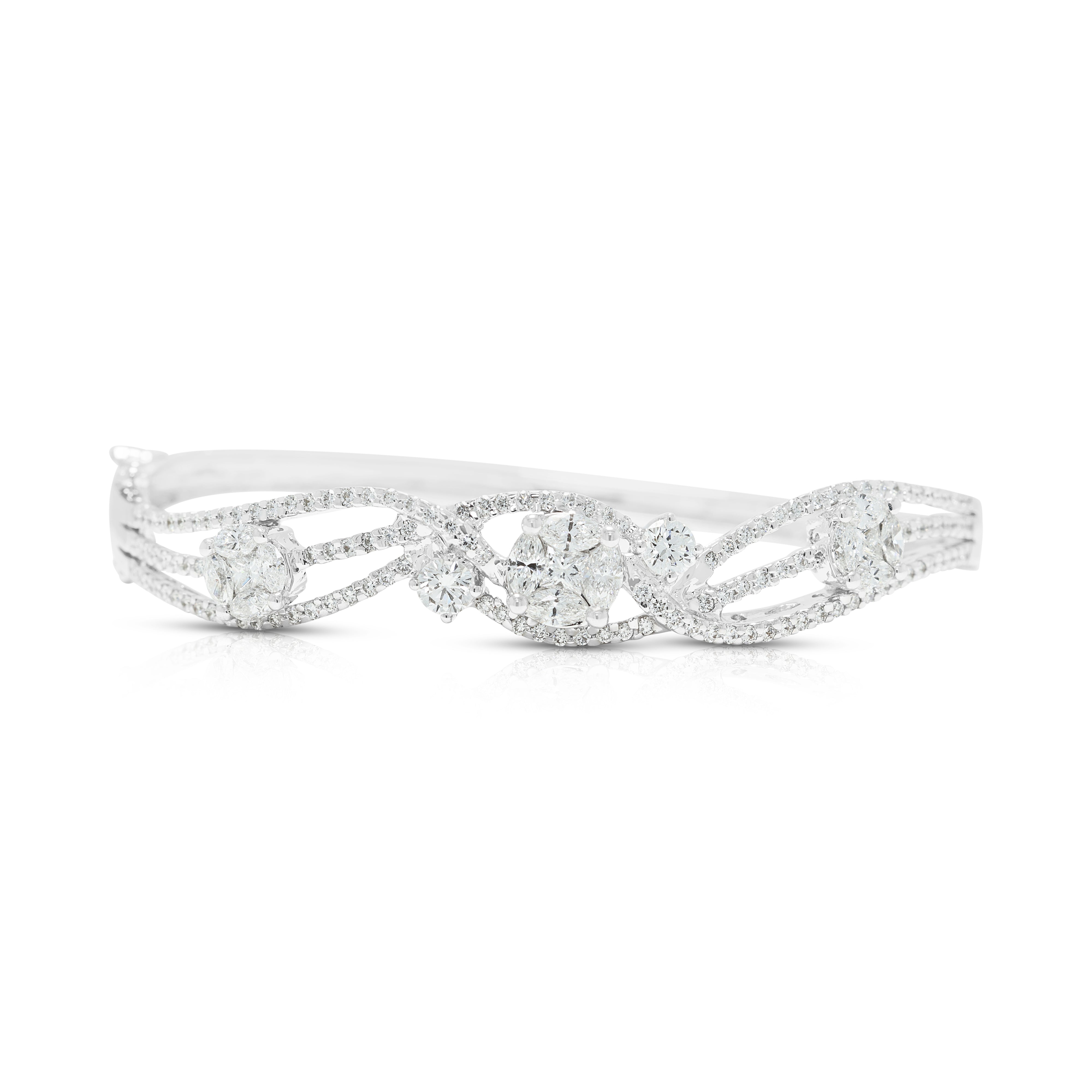 Stunning 2.98ct Natural Diamond Open-Work Cluster Bangle Bracelet in 18K White Gold (New)