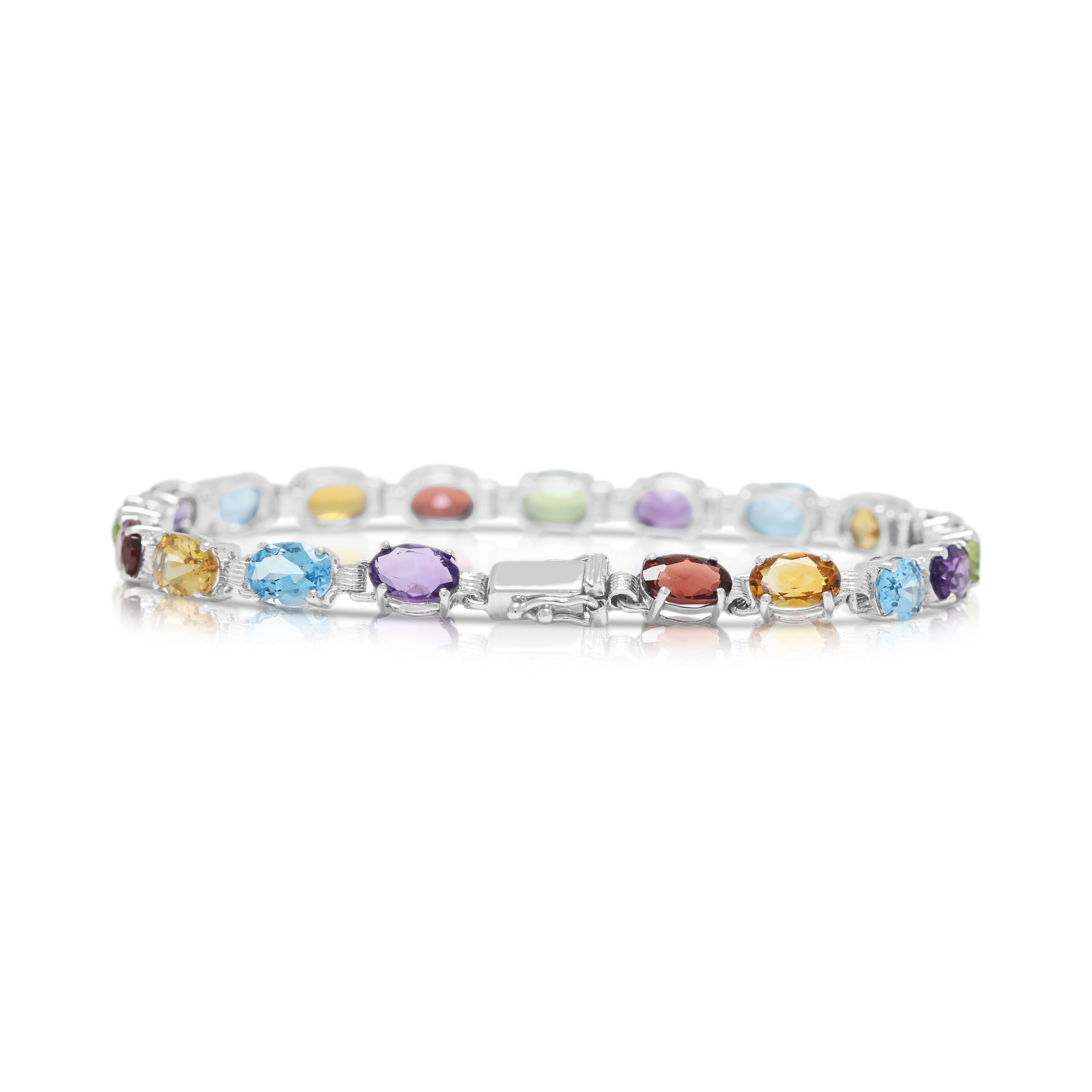 Vibrant 1.20ct Amethyst, 1.20ct Topaz, 1.20ct Citrine, 1.20ct Garnet and 0.90ct Peridot Rainbow Link Bracelet in 18K White Gold