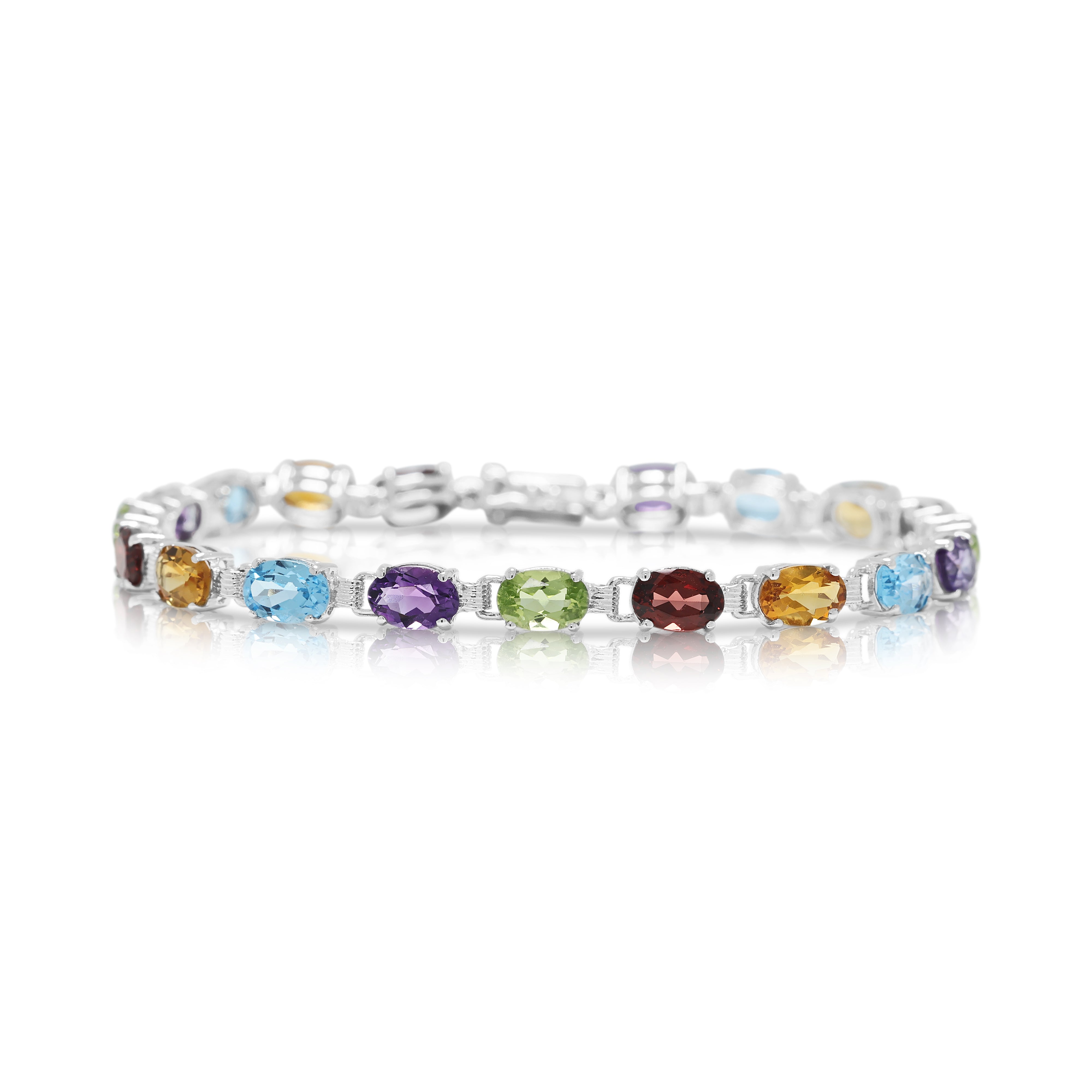 Vibrant 1.20ct Amethyst, 1.20ct Topaz, 1.20ct Citrine, 1.20ct Garnet and 0.90ct Peridot Rainbow Link Bracelet in 18K White Gold