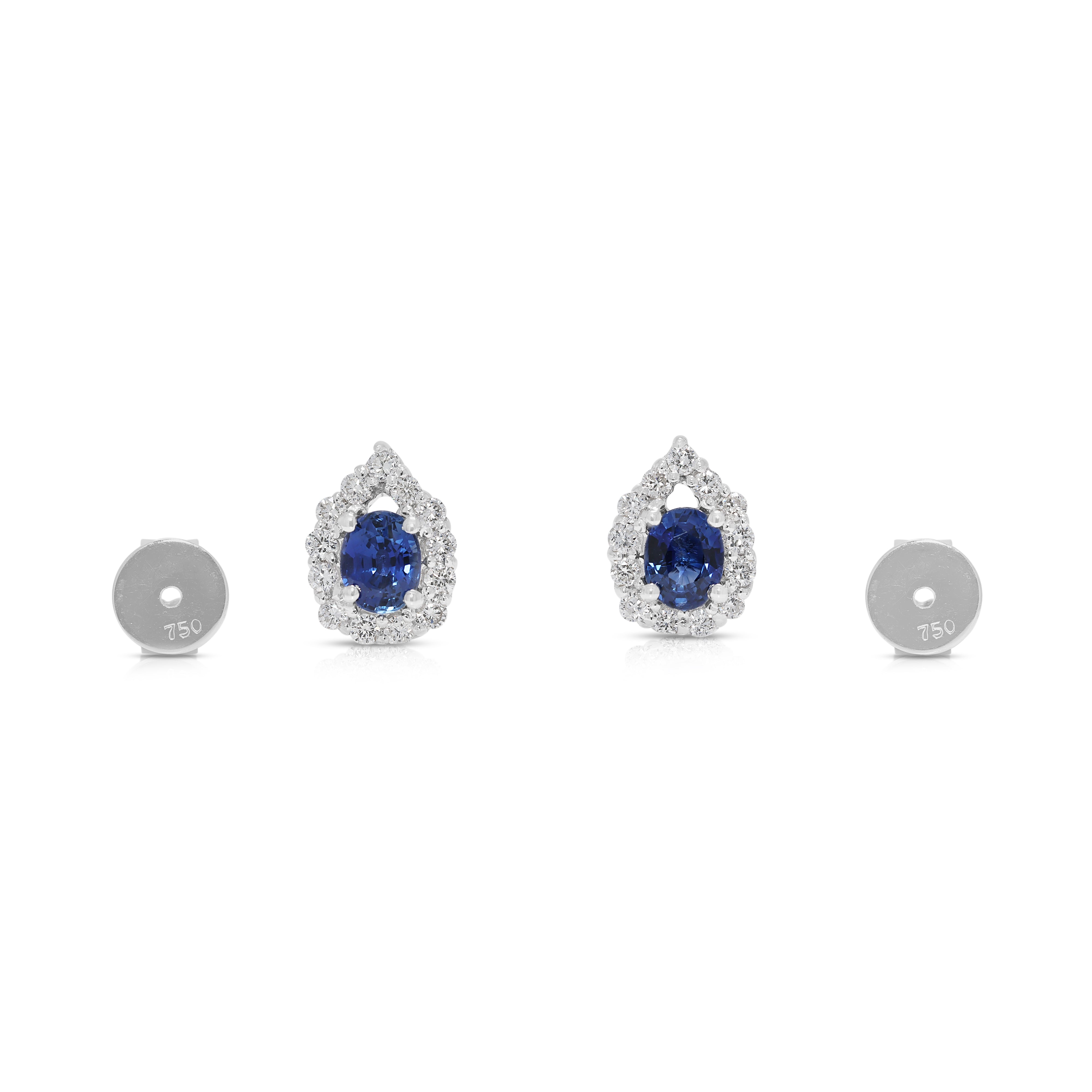 Radiant 0.80ct Sapphire & Natural Diamond Halo Earrings in 18K White Gold