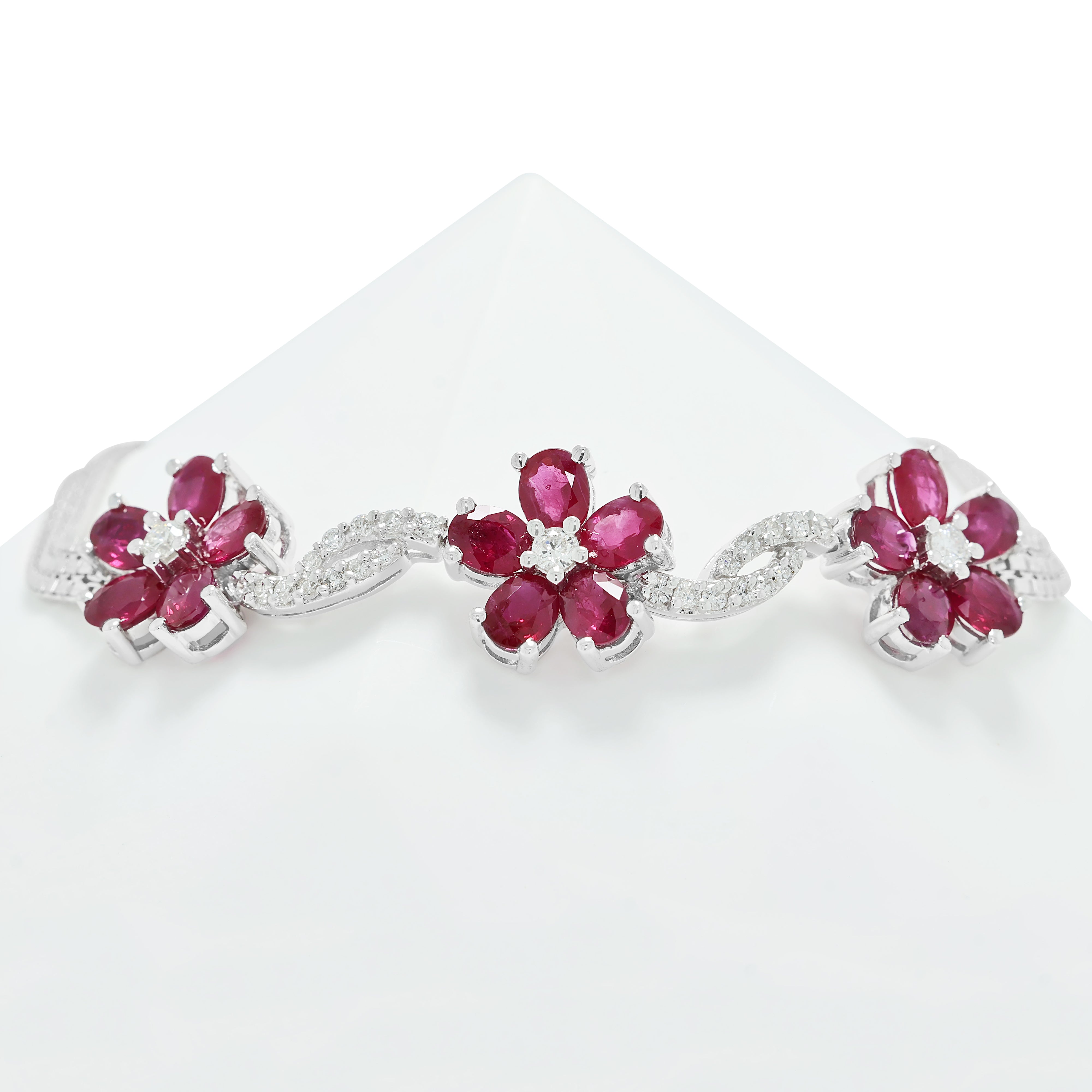 Radiant 3.00ct Ruby and 0.50ct Natural Diamond Floral Motif Bracelet in 18K White Gold