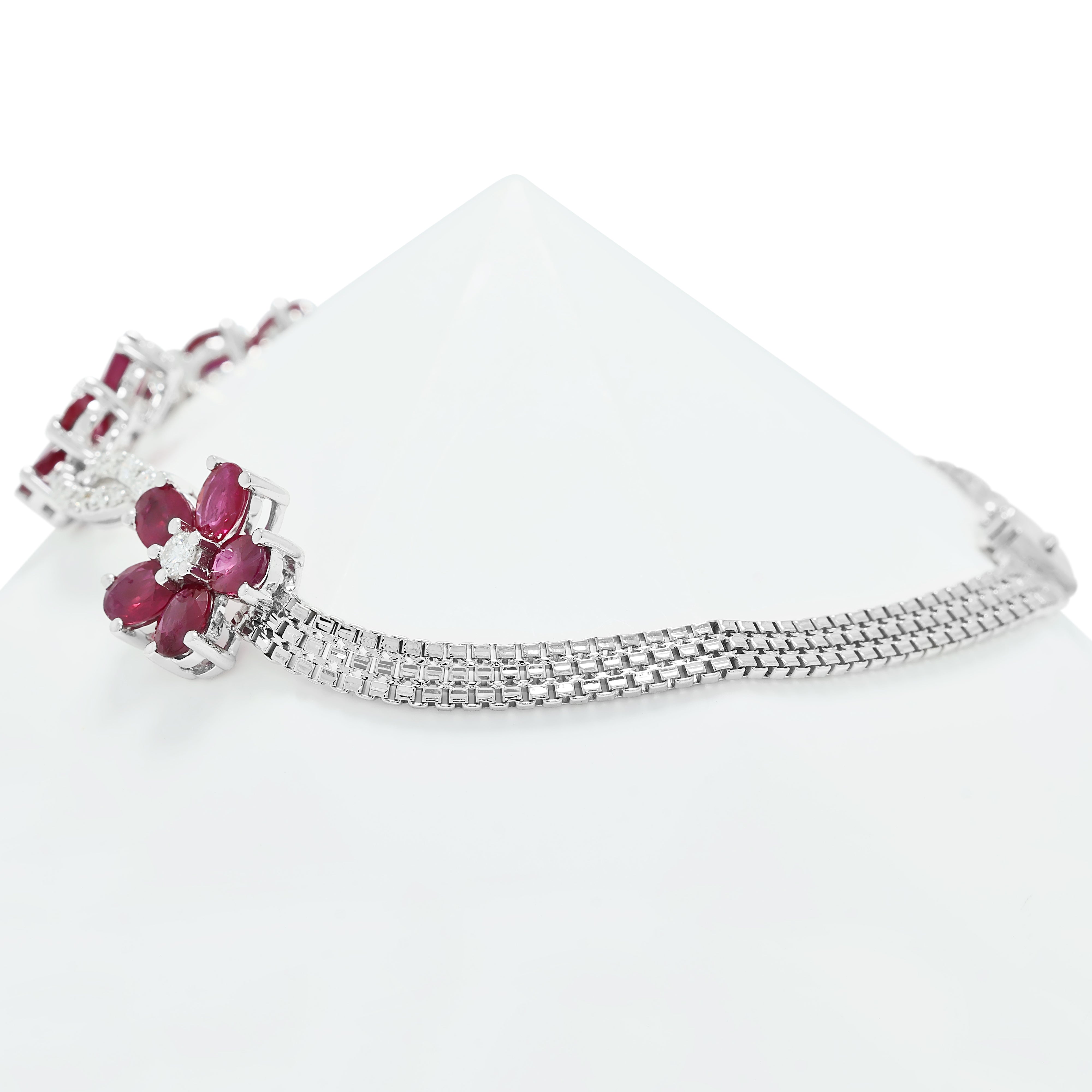 Radiant 3.00ct Ruby and 0.50ct Natural Diamond Floral Motif Bracelet in 18K White Gold
