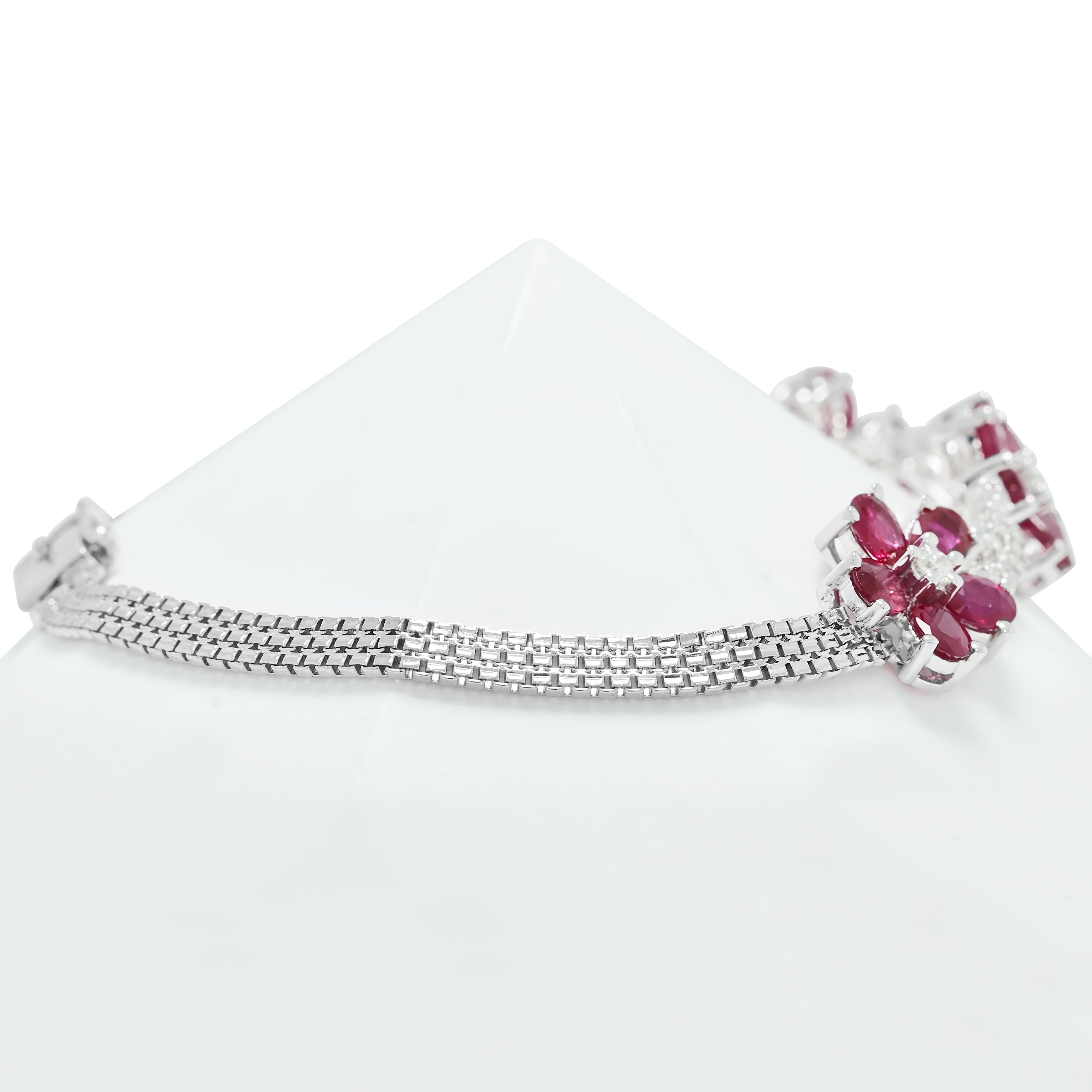Radiant 3.00ct Ruby and 0.50ct Natural Diamond Floral Motif Bracelet in 18K White Gold