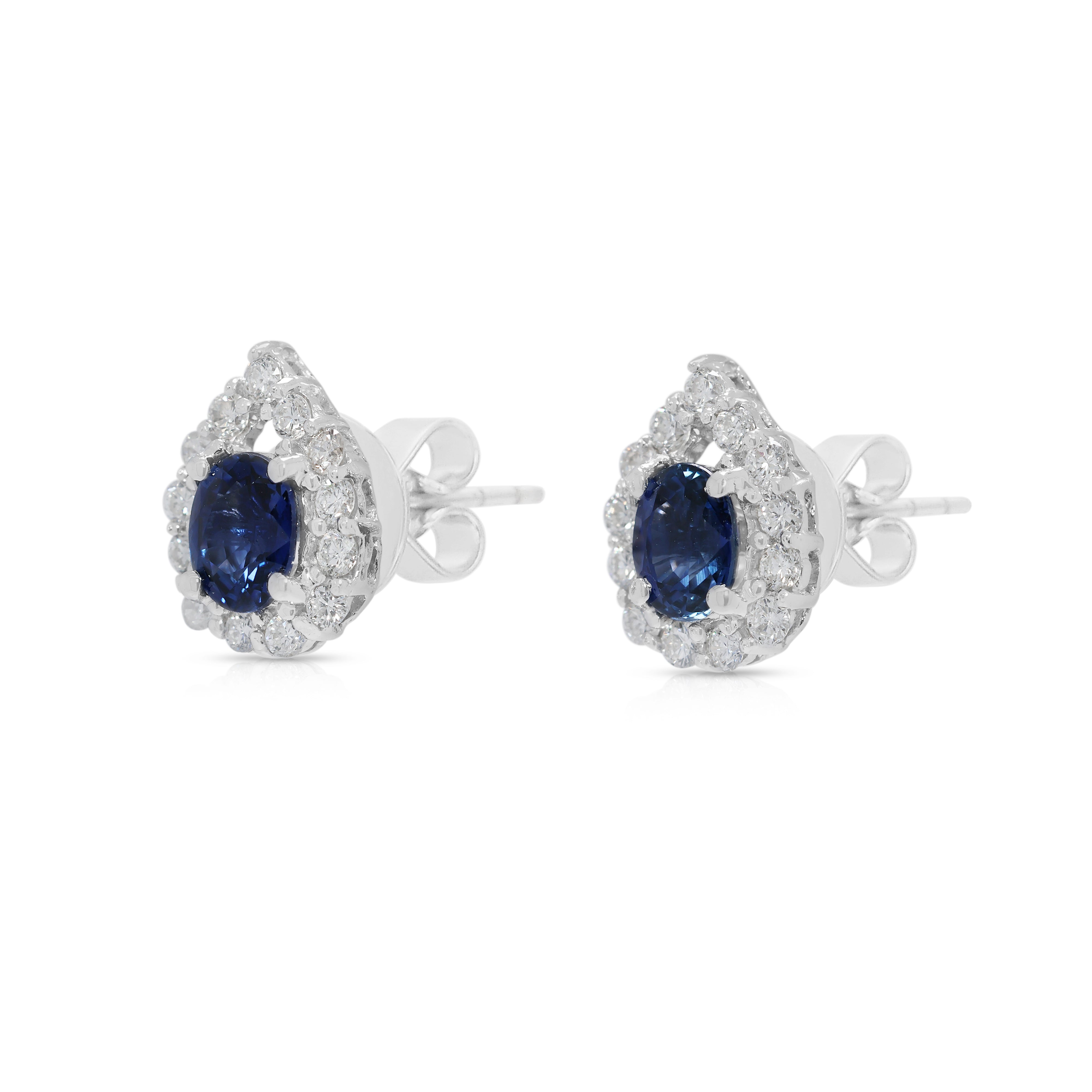 Radiant 0.80ct Sapphire & Natural Diamond Halo Earrings in 18K White Gold