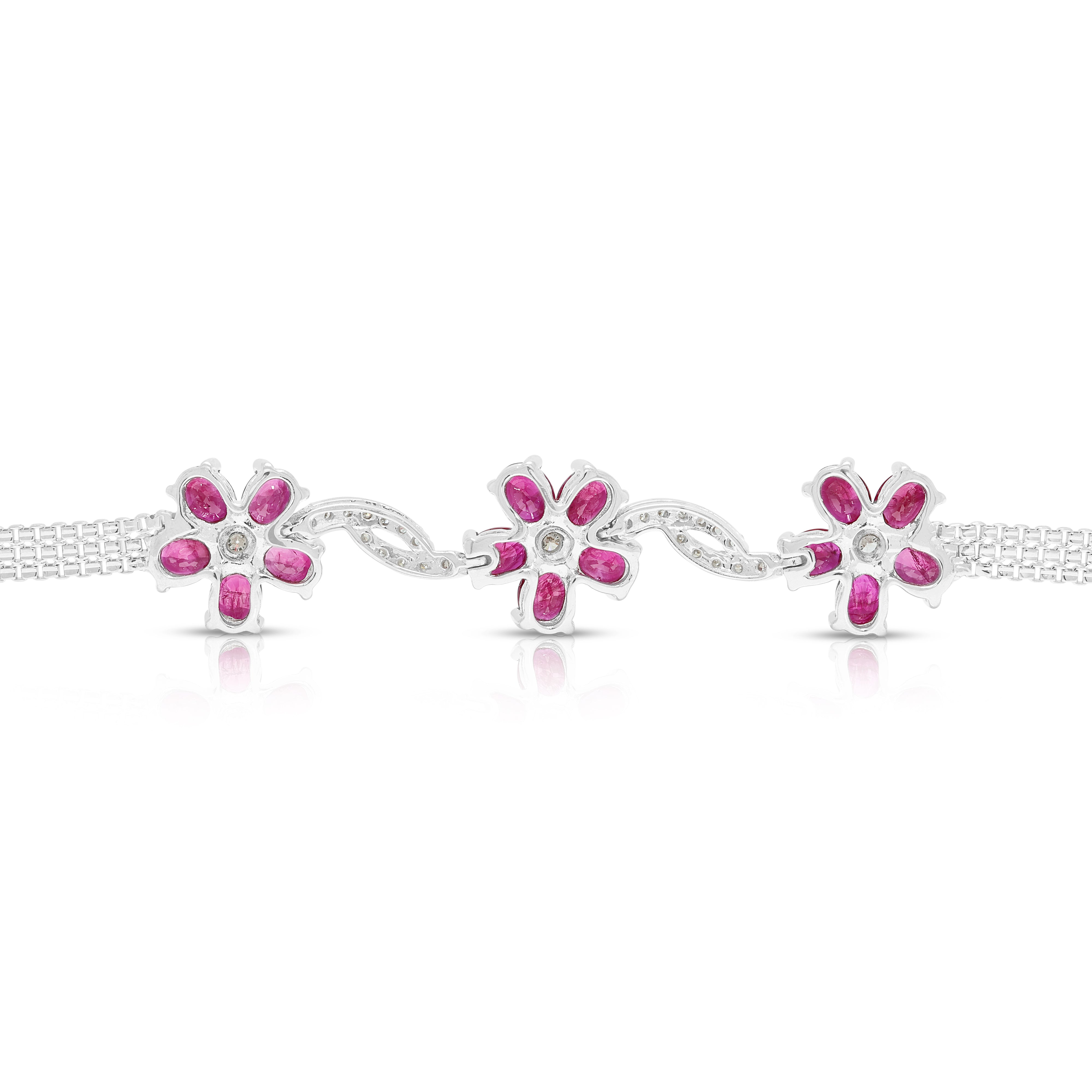 Radiant 3.00ct Ruby and 0.50ct Natural Diamond Floral Motif Bracelet in 18K White Gold