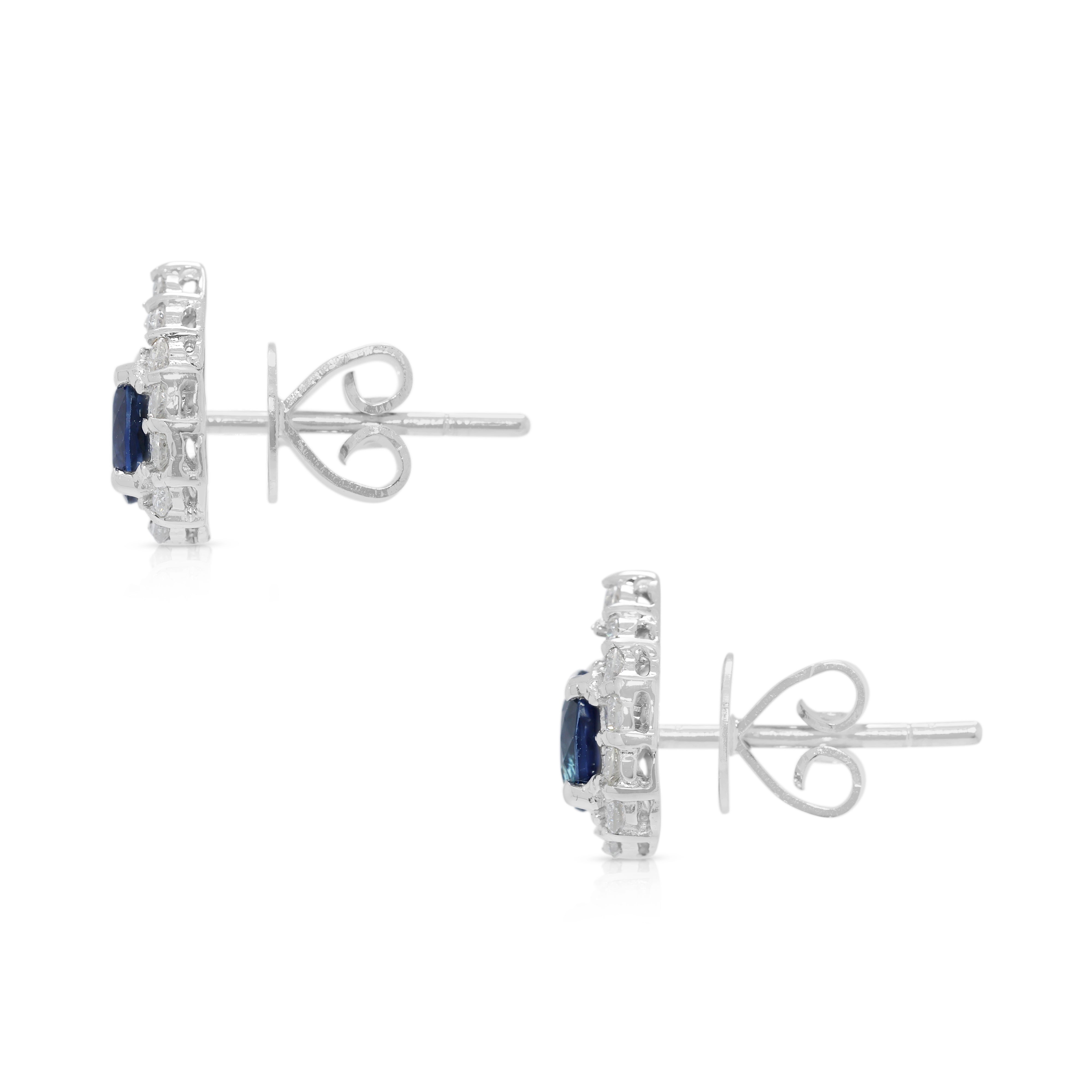 Radiant 0.80ct Sapphire & Natural Diamond Halo Earrings in 18K White Gold