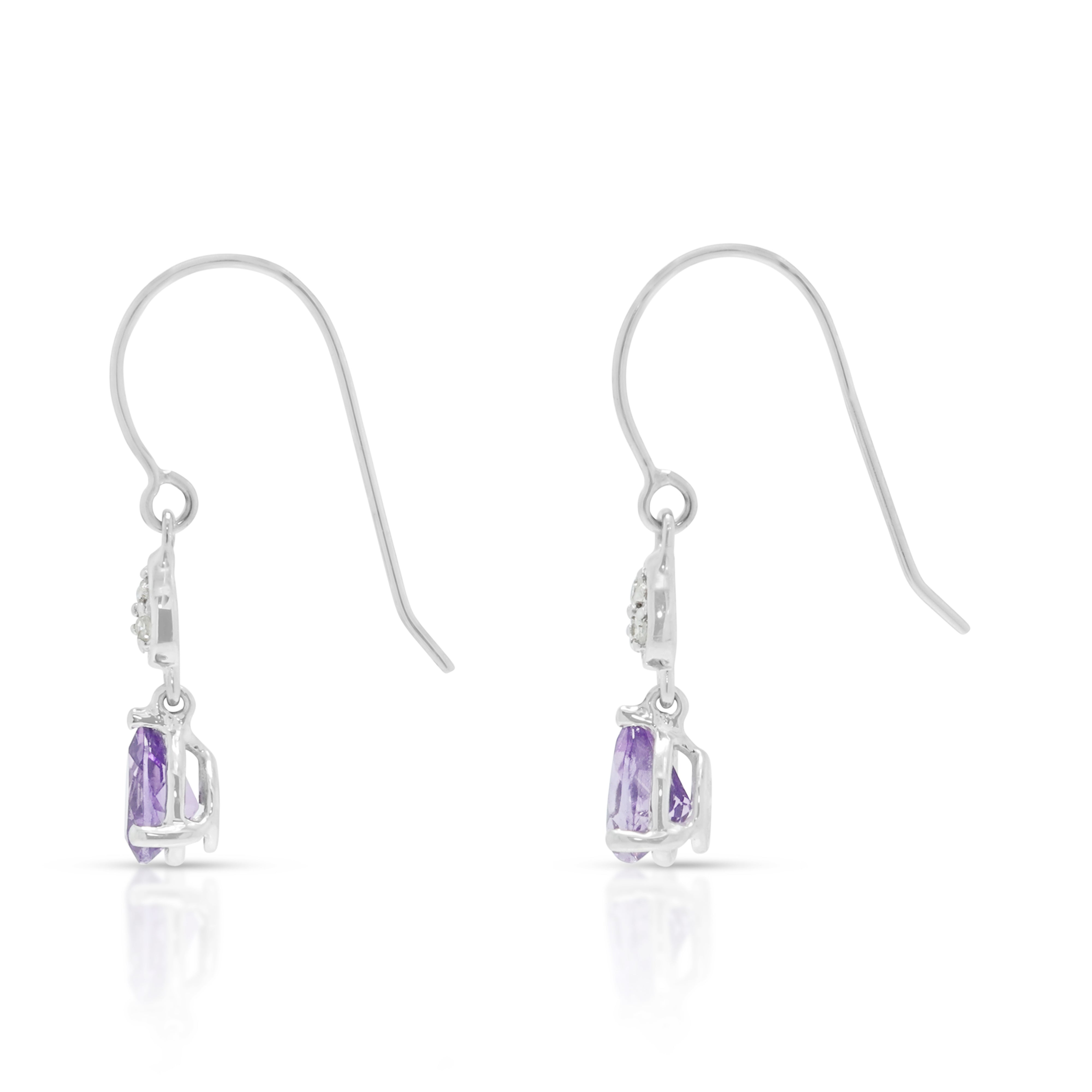 Graceful 0.40ct Amethyst and 0.03ct Natural Diamond Dangling Earrings in 18K White Gold