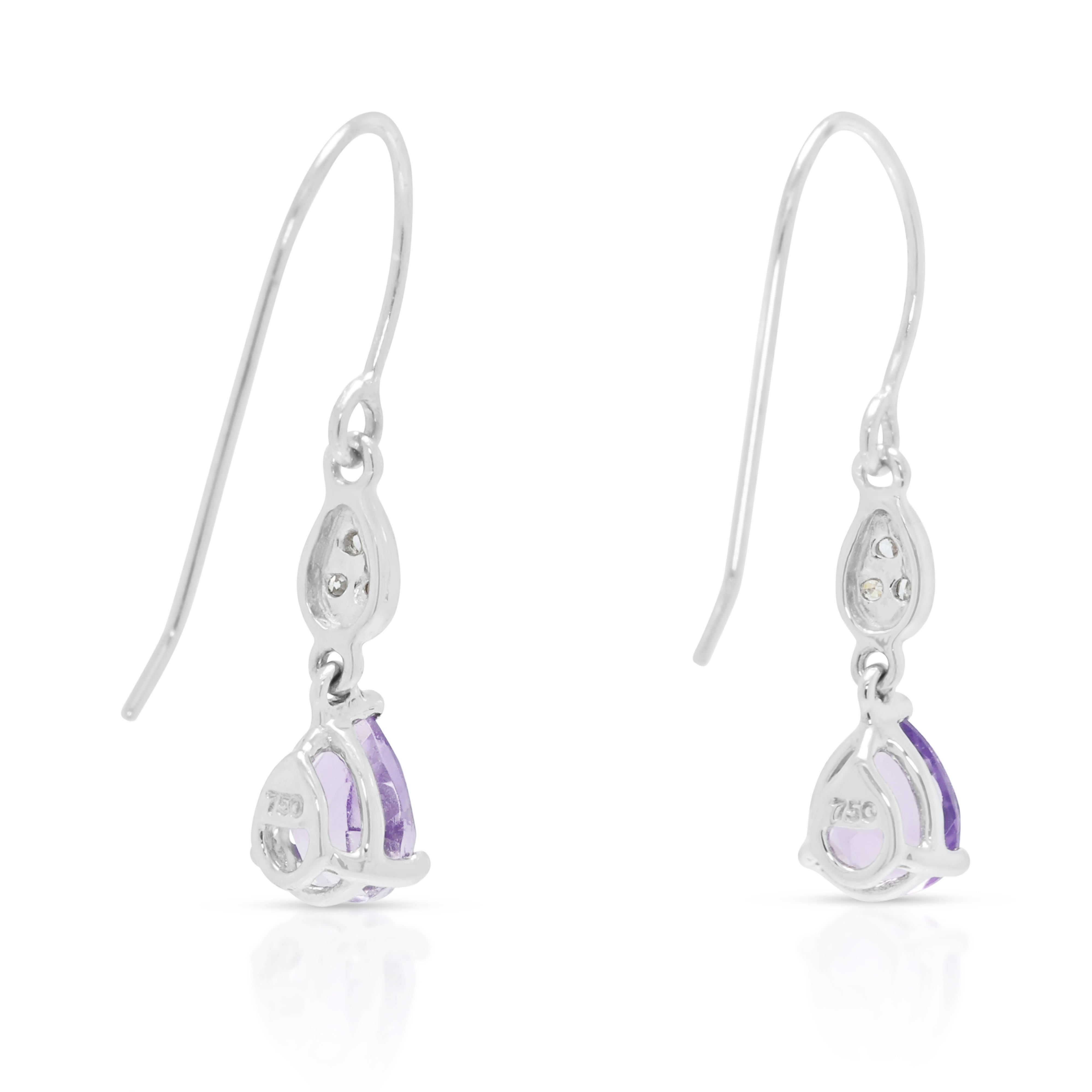 Graceful 0.40ct Amethyst and 0.03ct Natural Diamond Dangling Earrings in 18K White Gold
