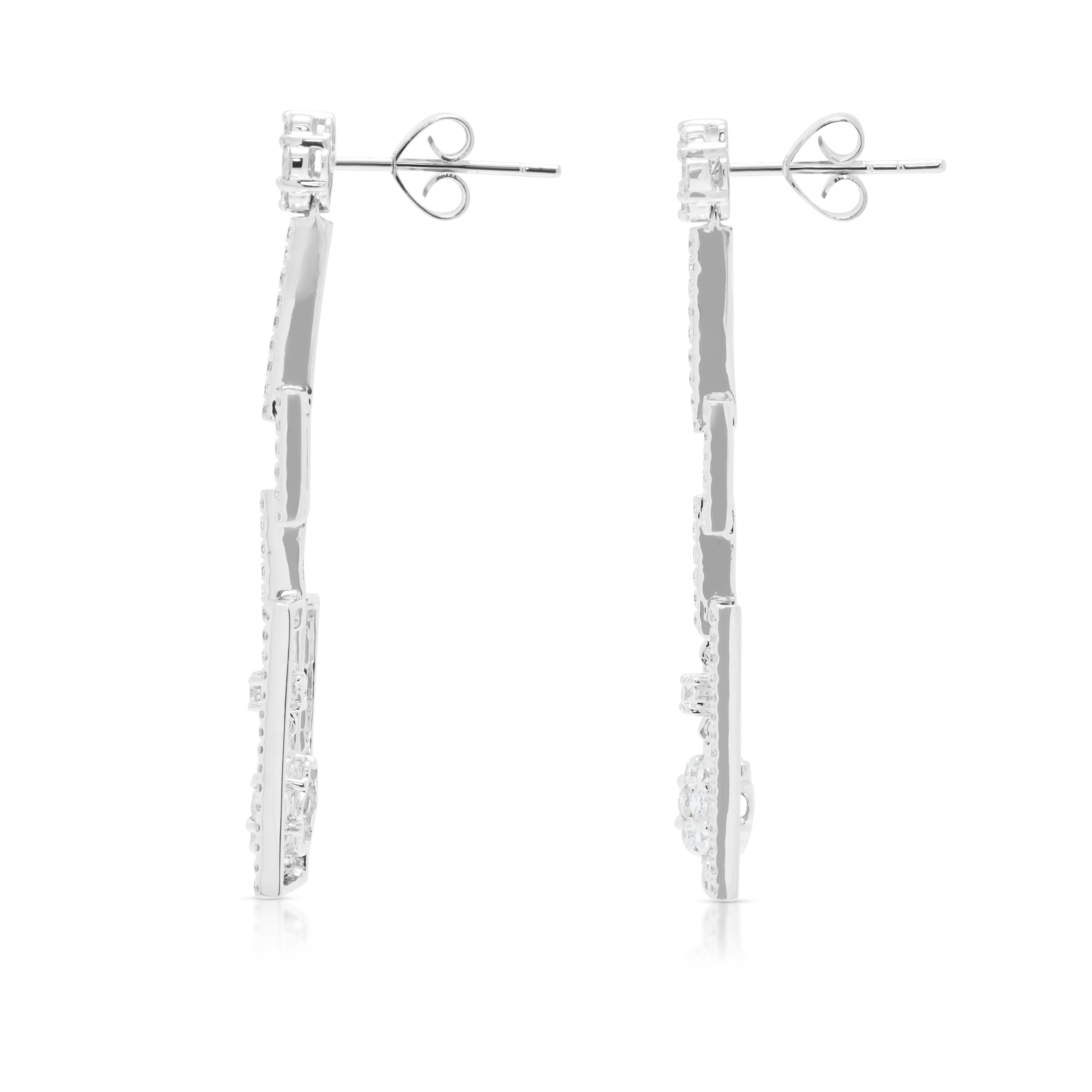 Breathtaking 1.35ct Natural Diamond Geometric Triple Drop Earrings in 18K White Gold