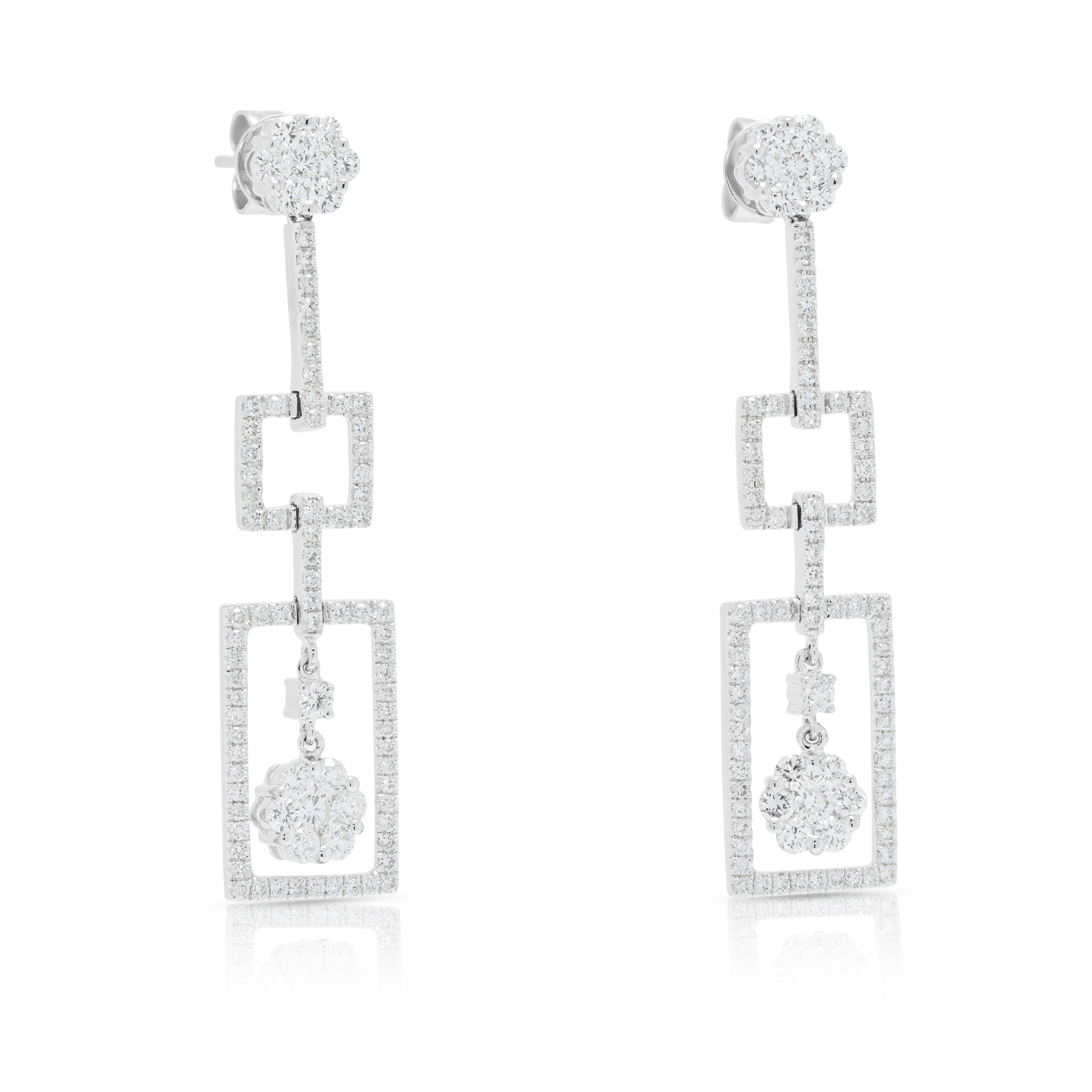 Breathtaking 1.35ct Natural Diamond Geometric Triple Drop Earrings in 18K White Gold
