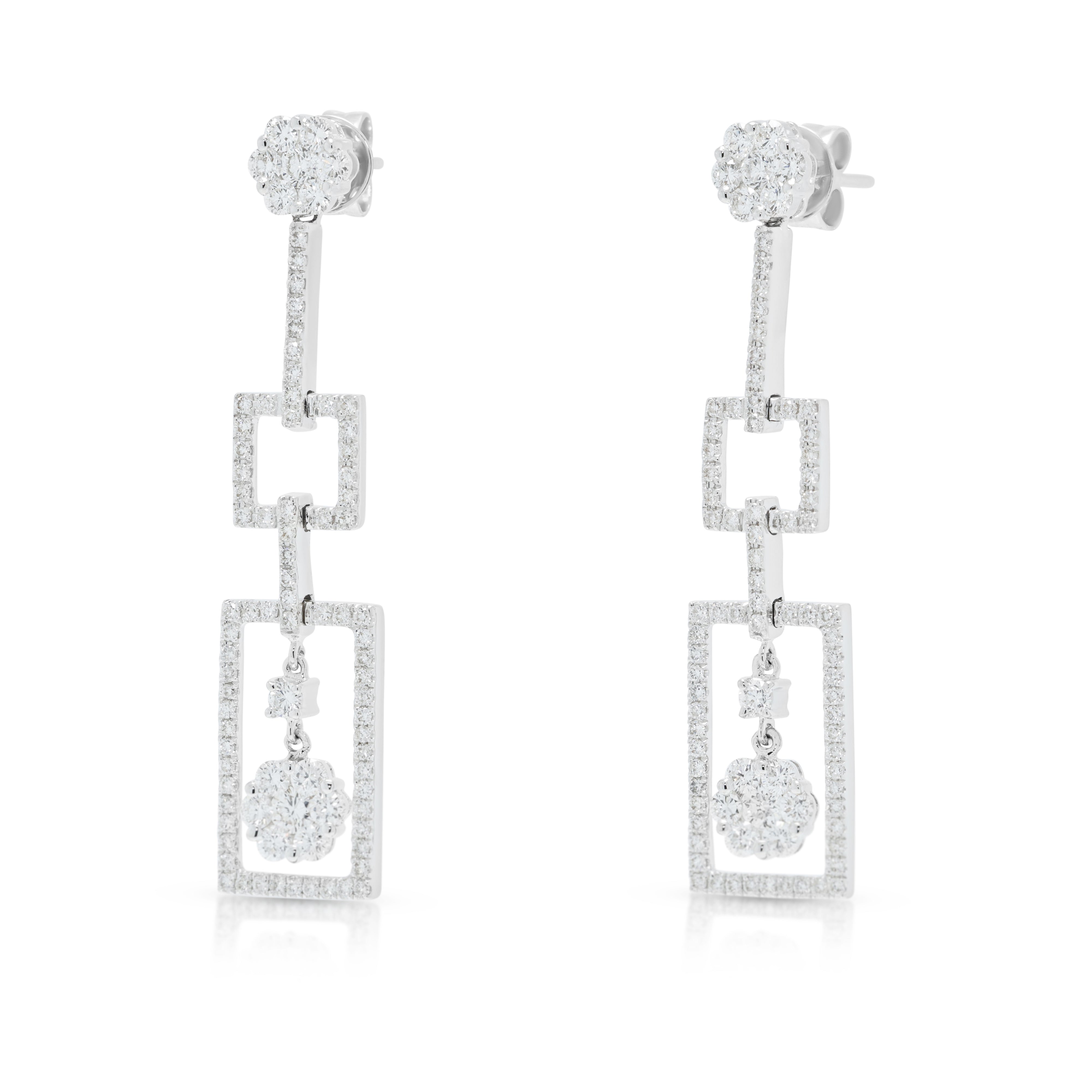 Breathtaking 1.35ct Natural Diamond Geometric Triple Drop Earrings in 18K White Gold