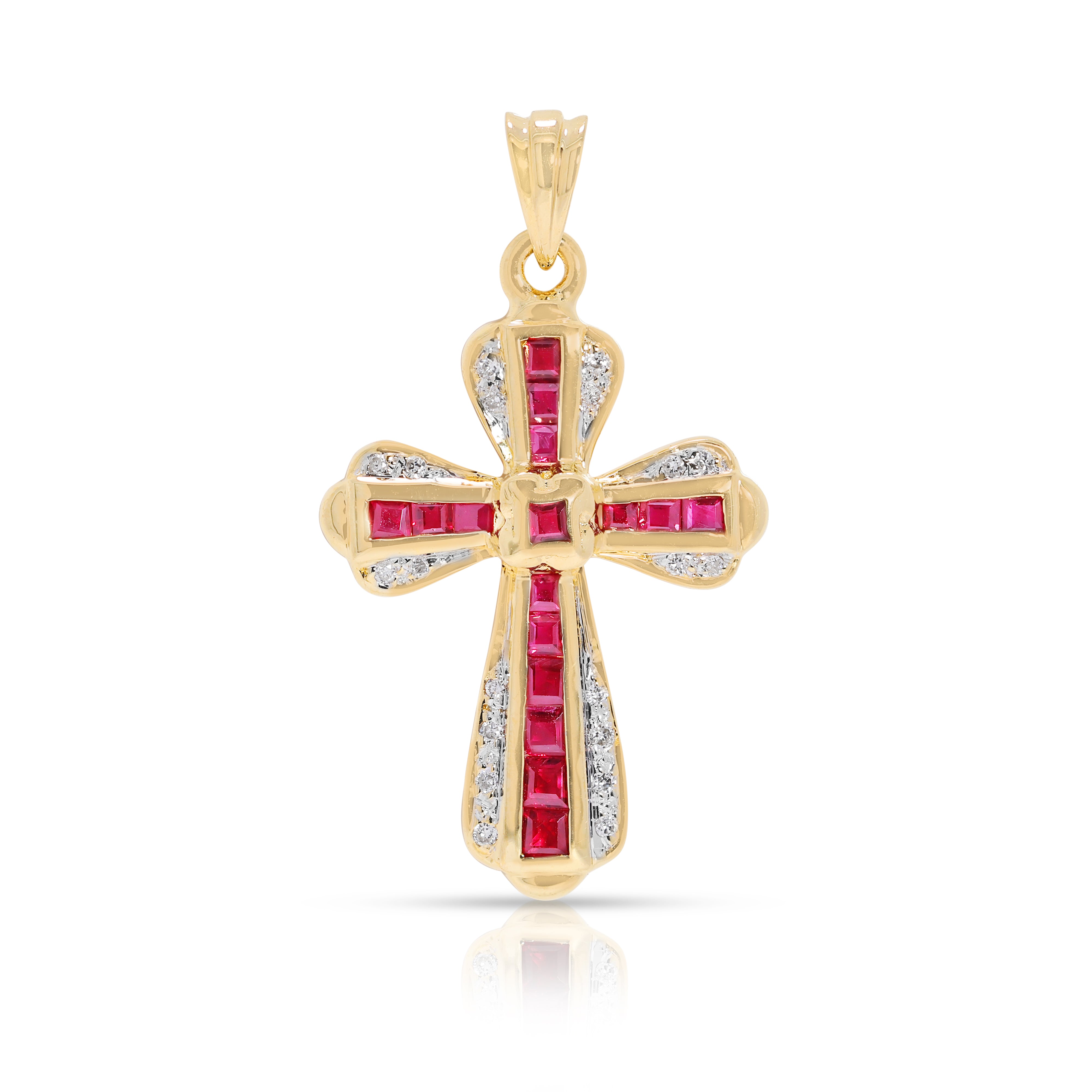 Striking 0.77ct Ruby & Natural Diamond Cross Pendant in 18K Yellow Gold
