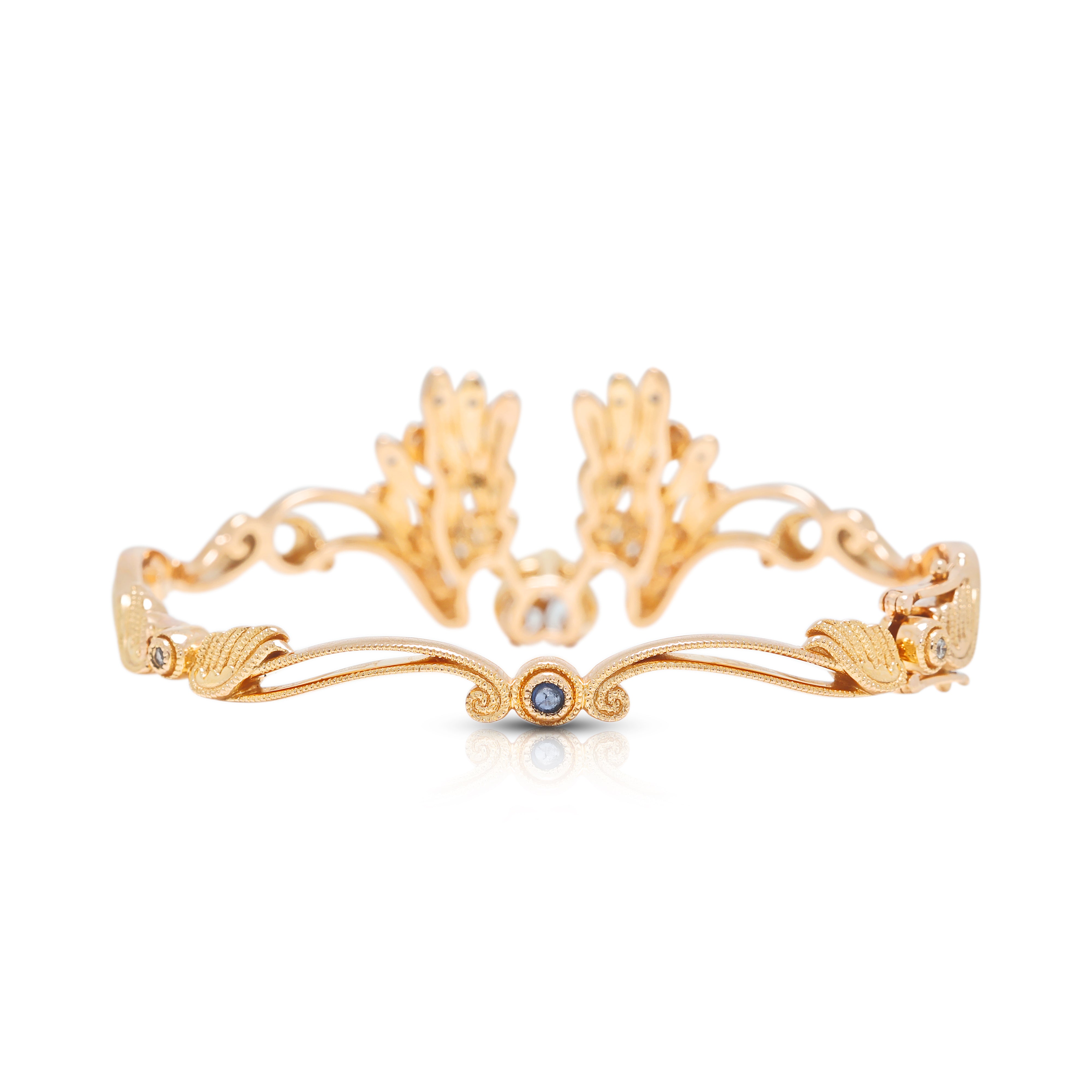 Ornate 0.15ct Natural Diamond and 0.05ct Sapphire Sculpted Wing Hinged Bangle Bracelet in 18K Rose Gold