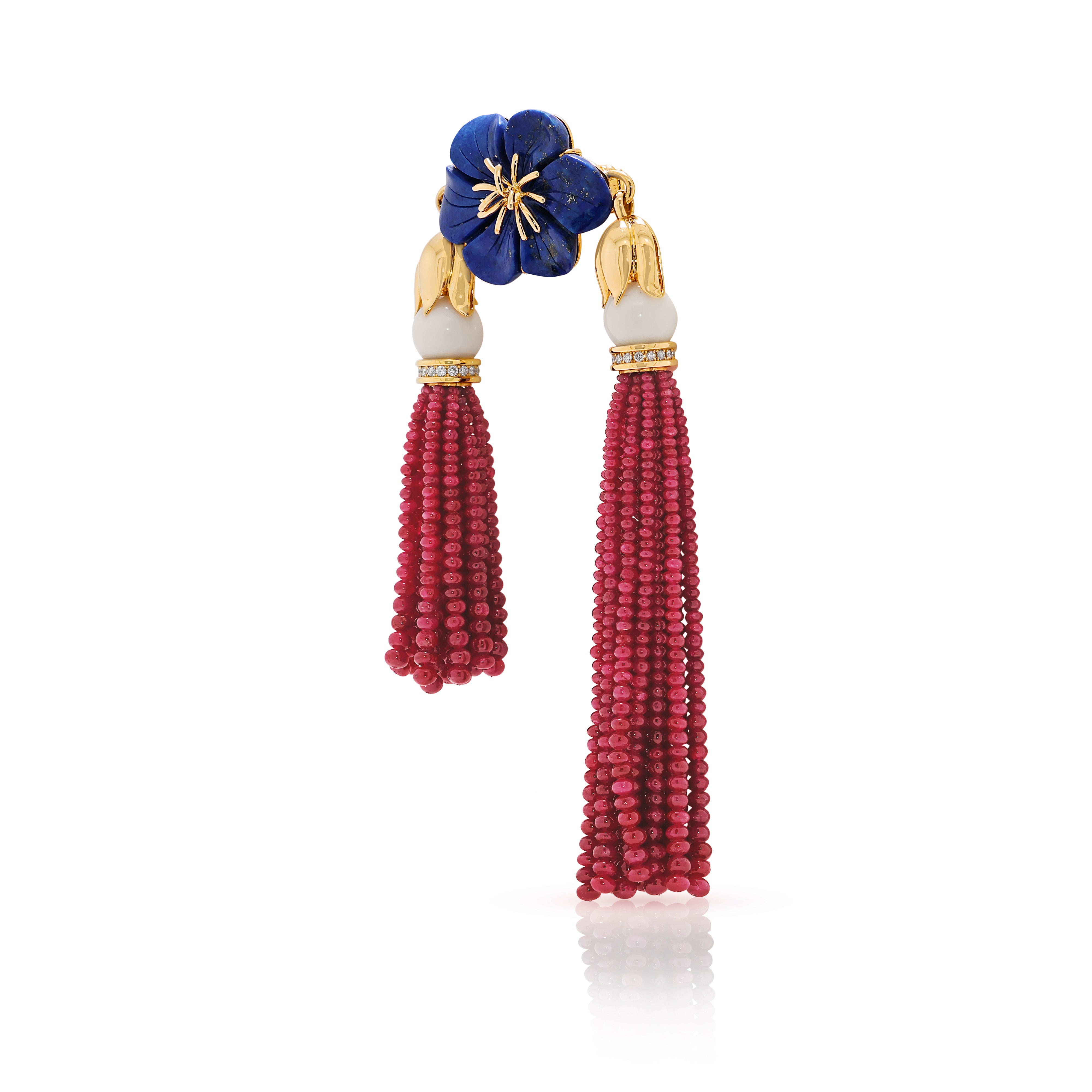 Magnificent 0.72ct Natural Diamond, Lapis & Ruby Bead Brooch in 18K Yellow Gold