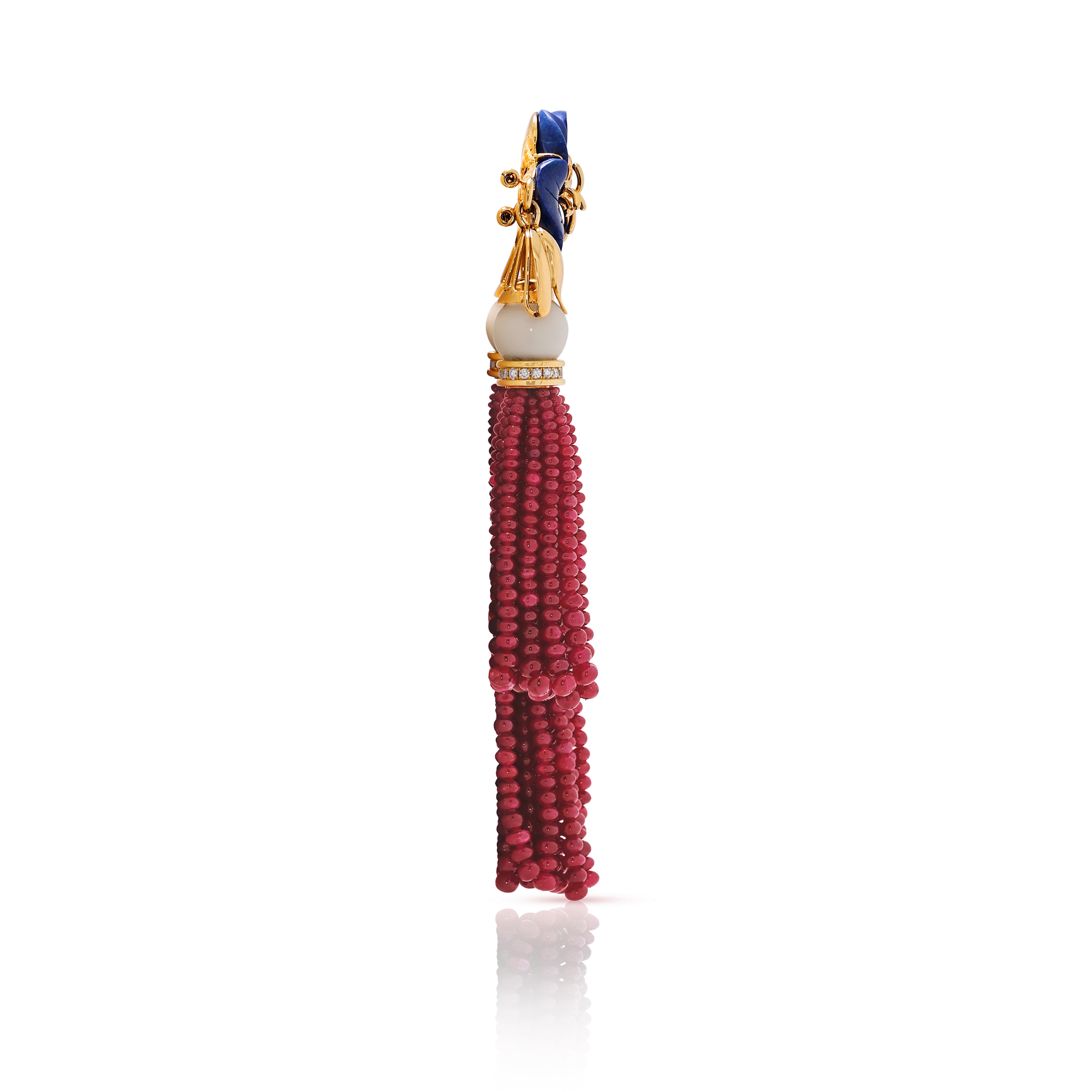 Magnificent 0.72ct Natural Diamond, Lapis & Ruby Bead Brooch in 18K Yellow Gold