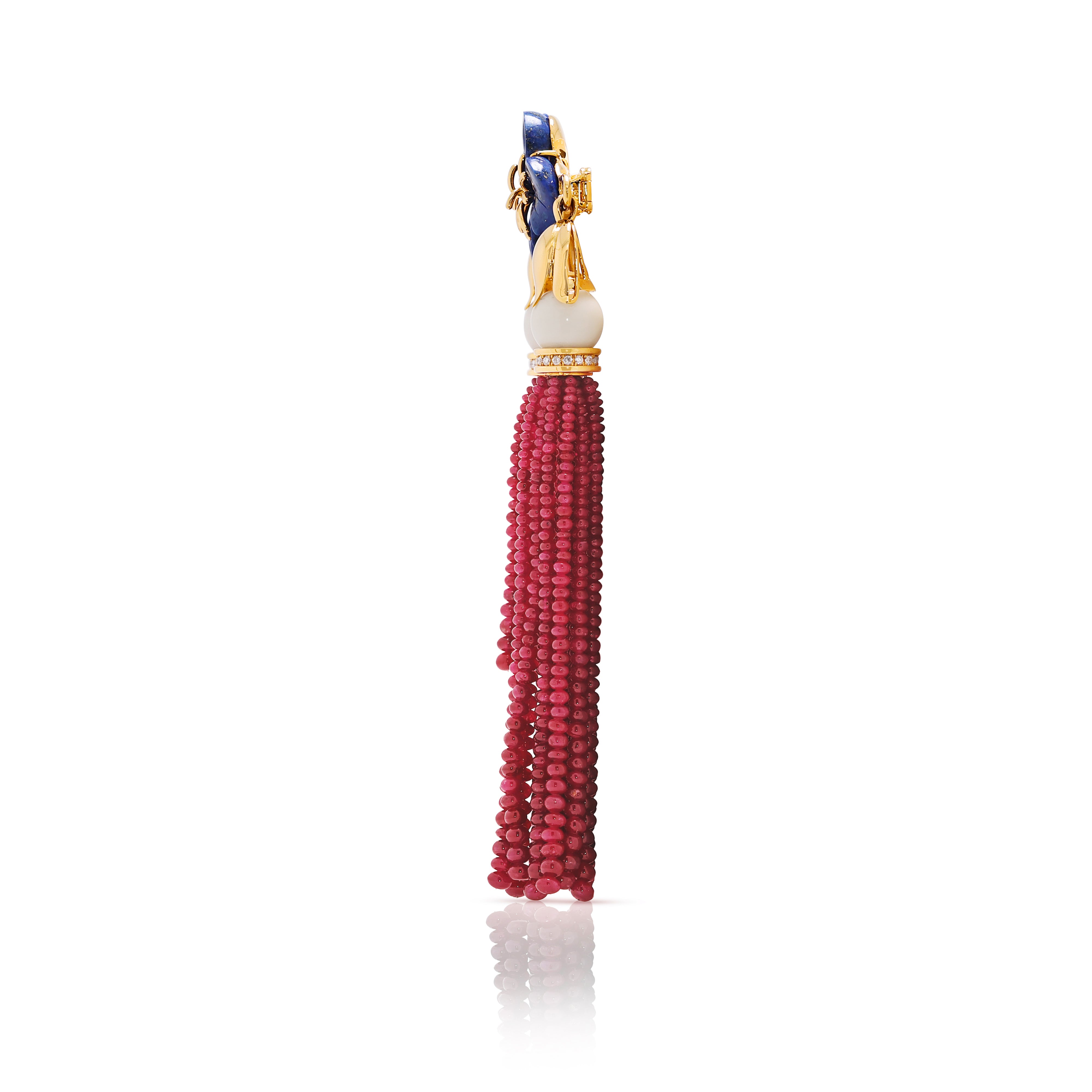Magnificent 0.72ct Natural Diamond, Lapis & Ruby Bead Brooch in 18K Yellow Gold