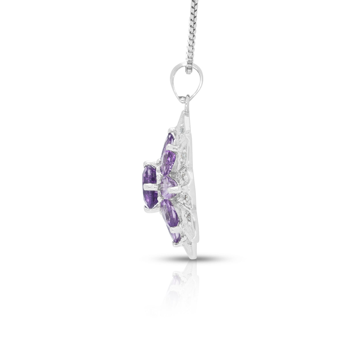 Enchanting 1.16ct Amethyst and 0.05ct Natural Diamond Floral Blossom Pendant Necklace in 14K White Gold