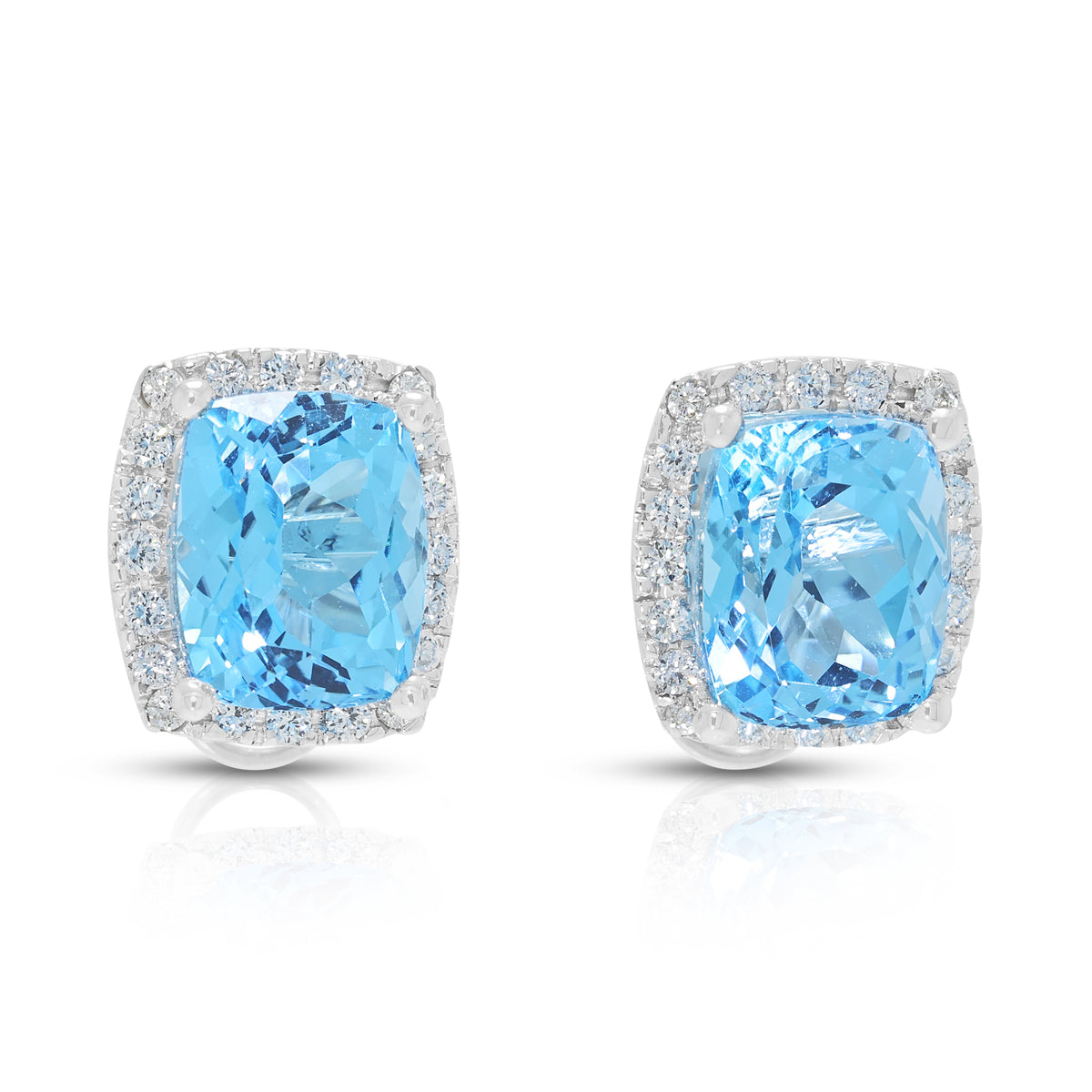 Luminous 10.00ct Swiss Blue Topaz and 0.40ct Natural Diamond Halo Stud Earrings in 18K White Gold