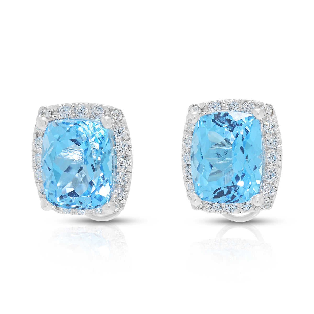 Luminous 10.00ct Swiss Blue Topaz and 0.40ct Natural Diamond Halo Stud Earrings in 18K White Gold