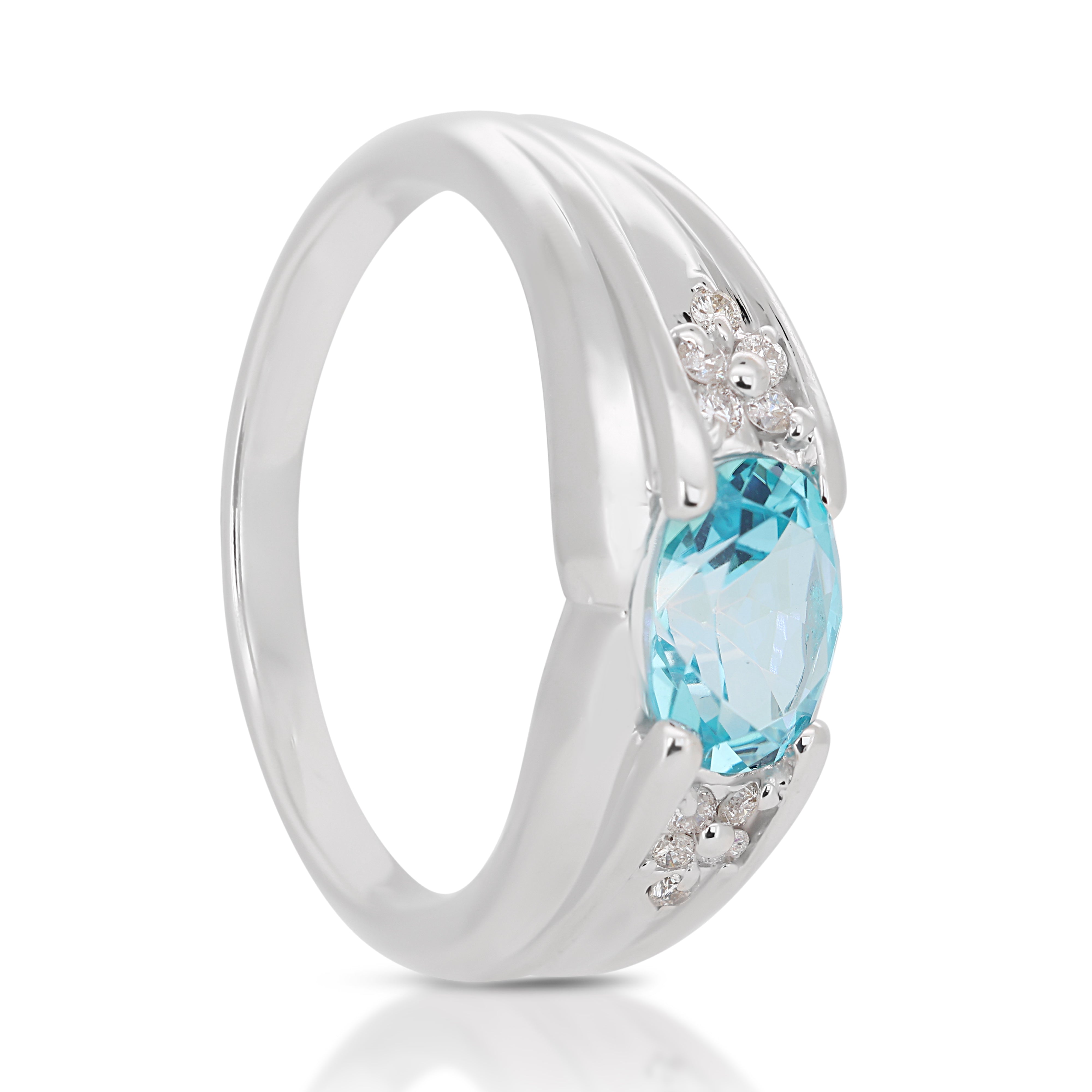 Alluring 0.96 Blue Topaz Ring with Side Diamonds in 18K White Gold