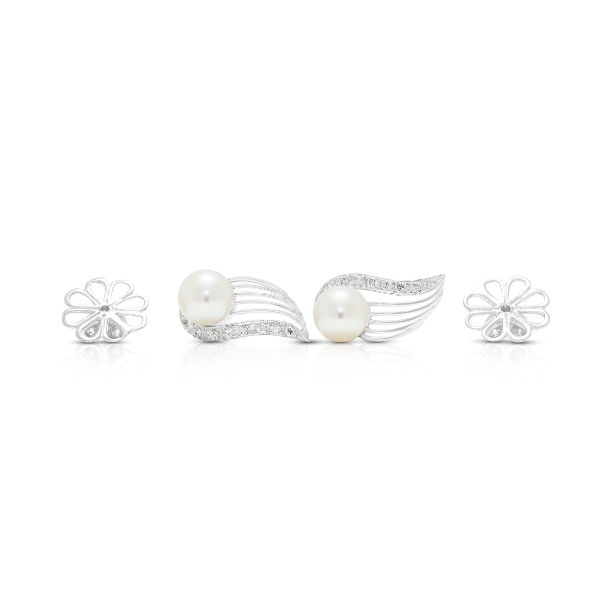 Enchanting 6.5 to 7mm Akoya Pearl and 0.16ct Natural Diamond Sweeping Swirl Stud Earrings in 18K White Gold