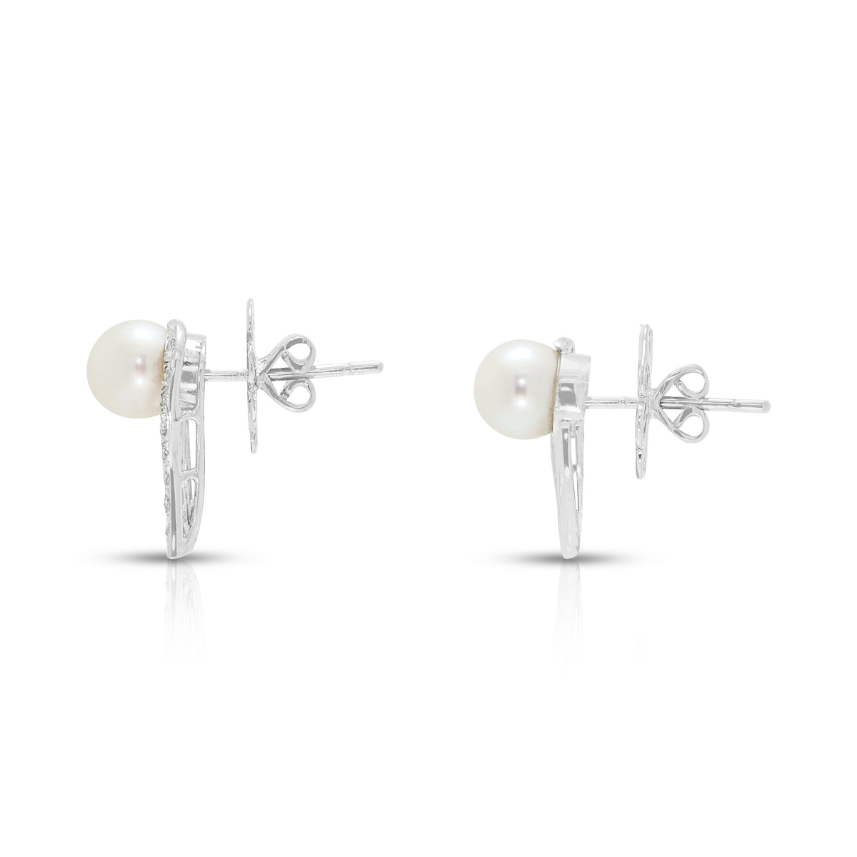 Enchanting 6.5 to 7mm Akoya Pearl and 0.16ct Natural Diamond Sweeping Swirl Stud Earrings in 18K White Gold