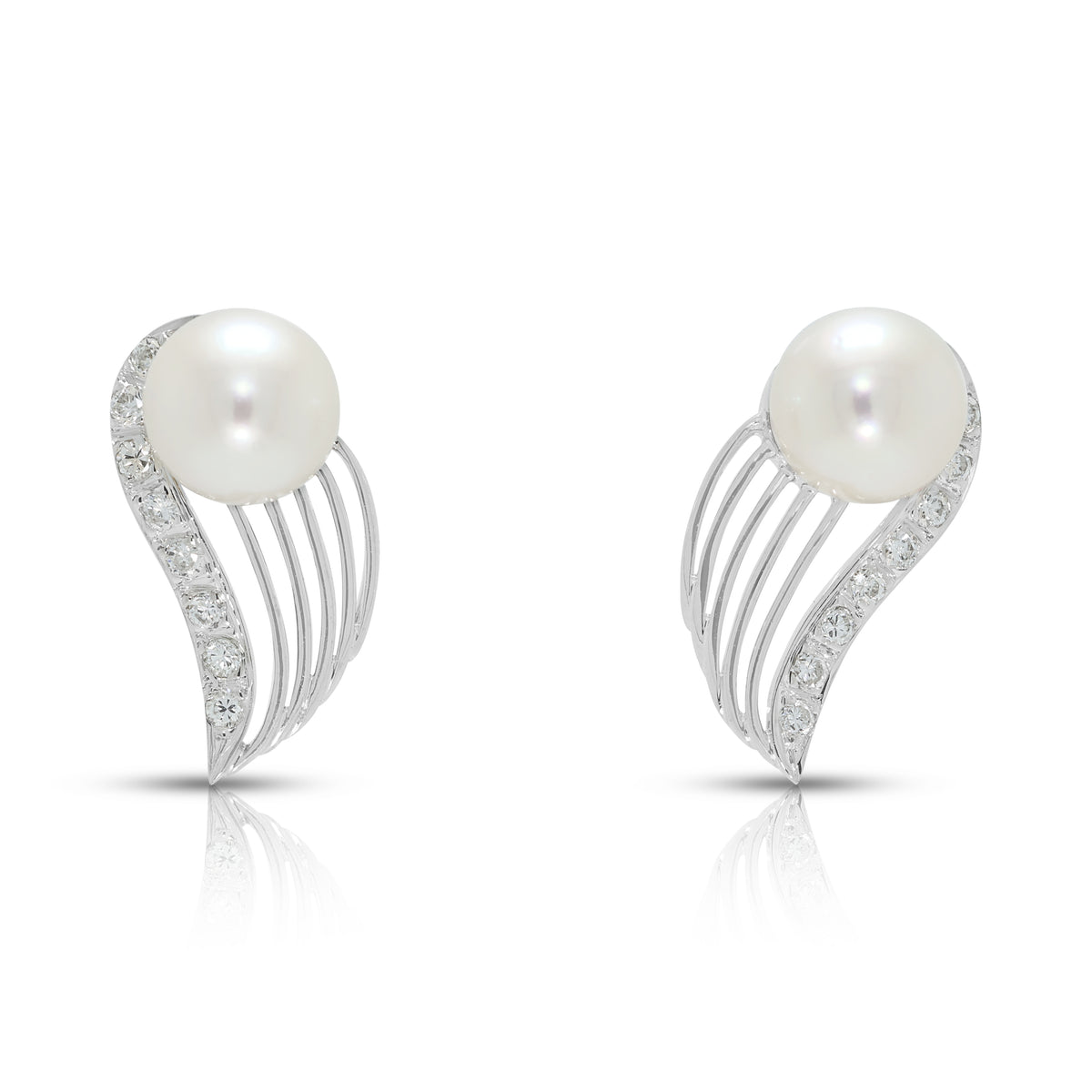 Enchanting 6.5 to 7mm Akoya Pearl and 0.16ct Natural Diamond Sweeping Swirl Stud Earrings in 18K White Gold