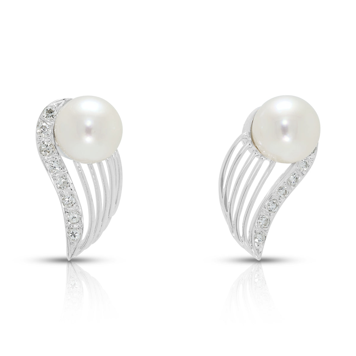 Enchanting 6.5 to 7mm Akoya Pearl and 0.16ct Natural Diamond Sweeping Swirl Stud Earrings in 18K White Gold